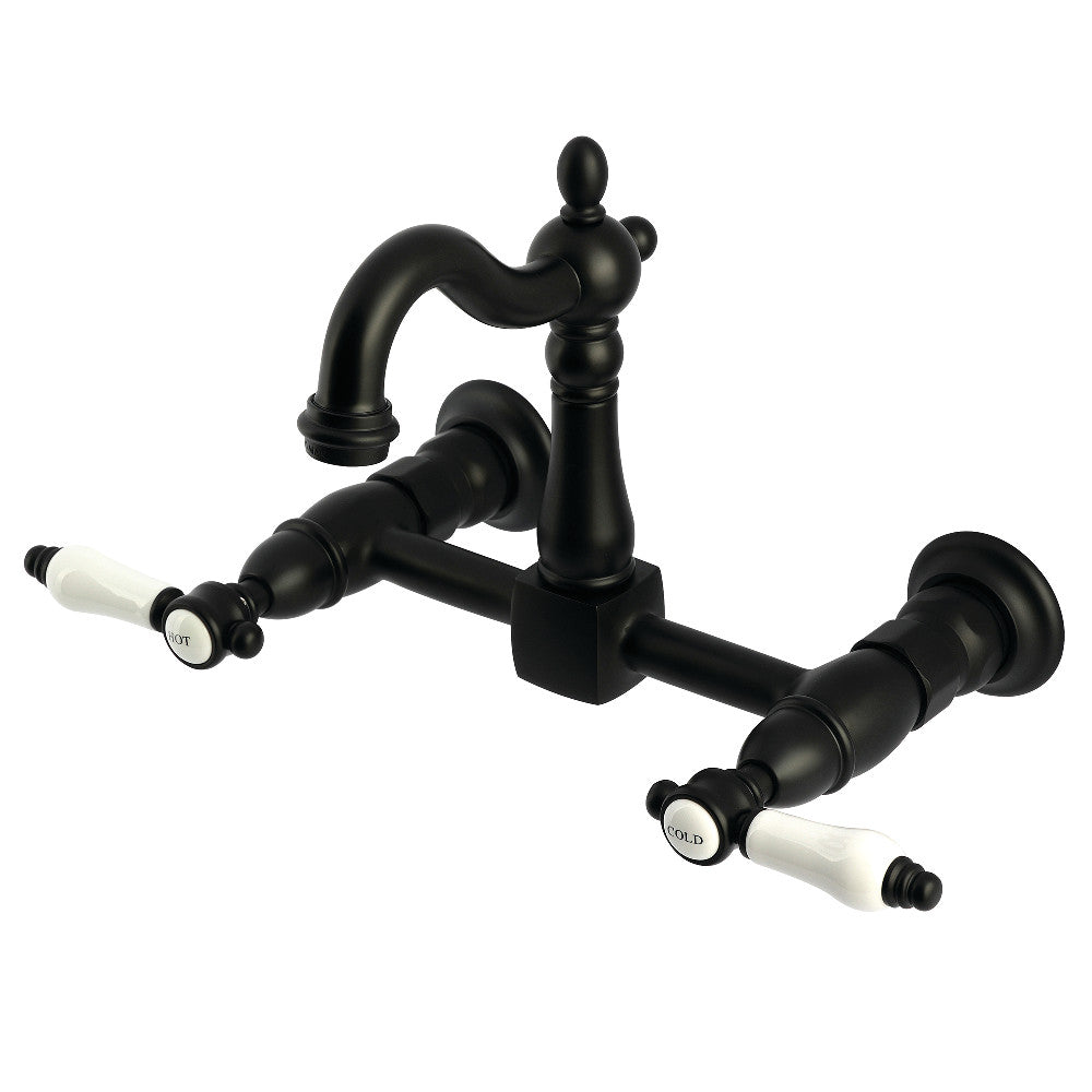 Kingston KS2443BPL Bel-Air Two-Handle Wall Mount Bridge Kitchen Faucet, Antique Brass with matte black finish.