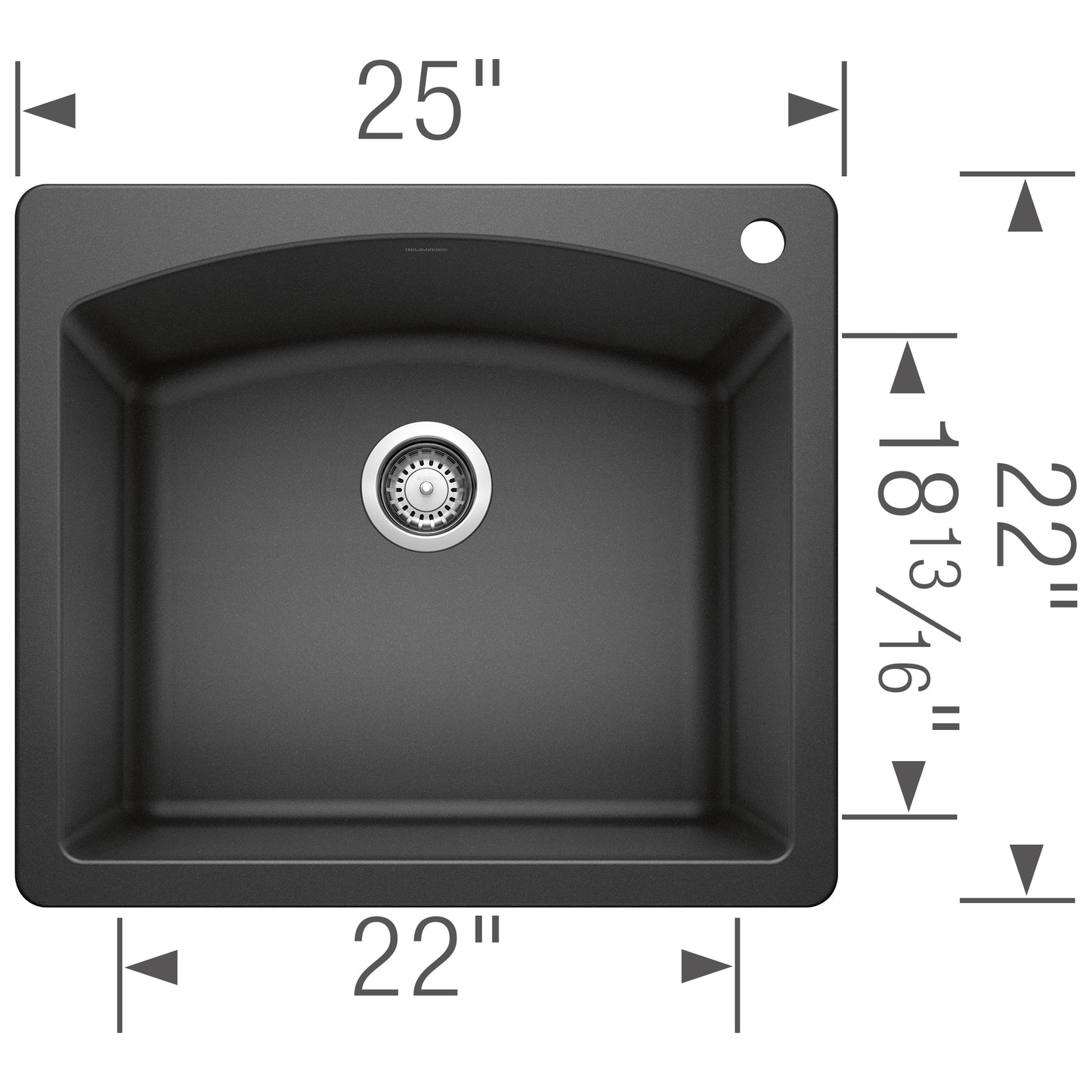 BLANCO Diamond SILGRANIT 25" Single Bowl Dual Mount Kitchen Sink top view with dimensions