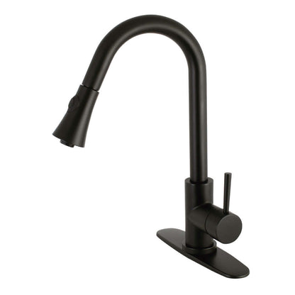 Kingston Brass LS8723DL Concord Pull-Down Kitchen Faucet in matte black, bold cylindrical design, right side view.