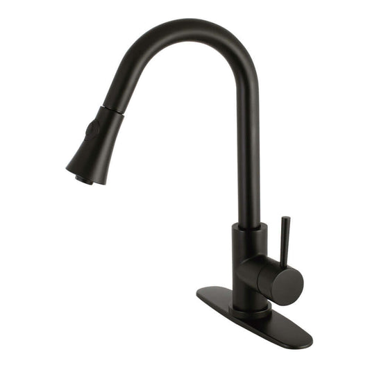 Kingston Brass LS8723DL Concord Pull-Down Kitchen Faucet in matte black, bold cylindrical design, right side view.