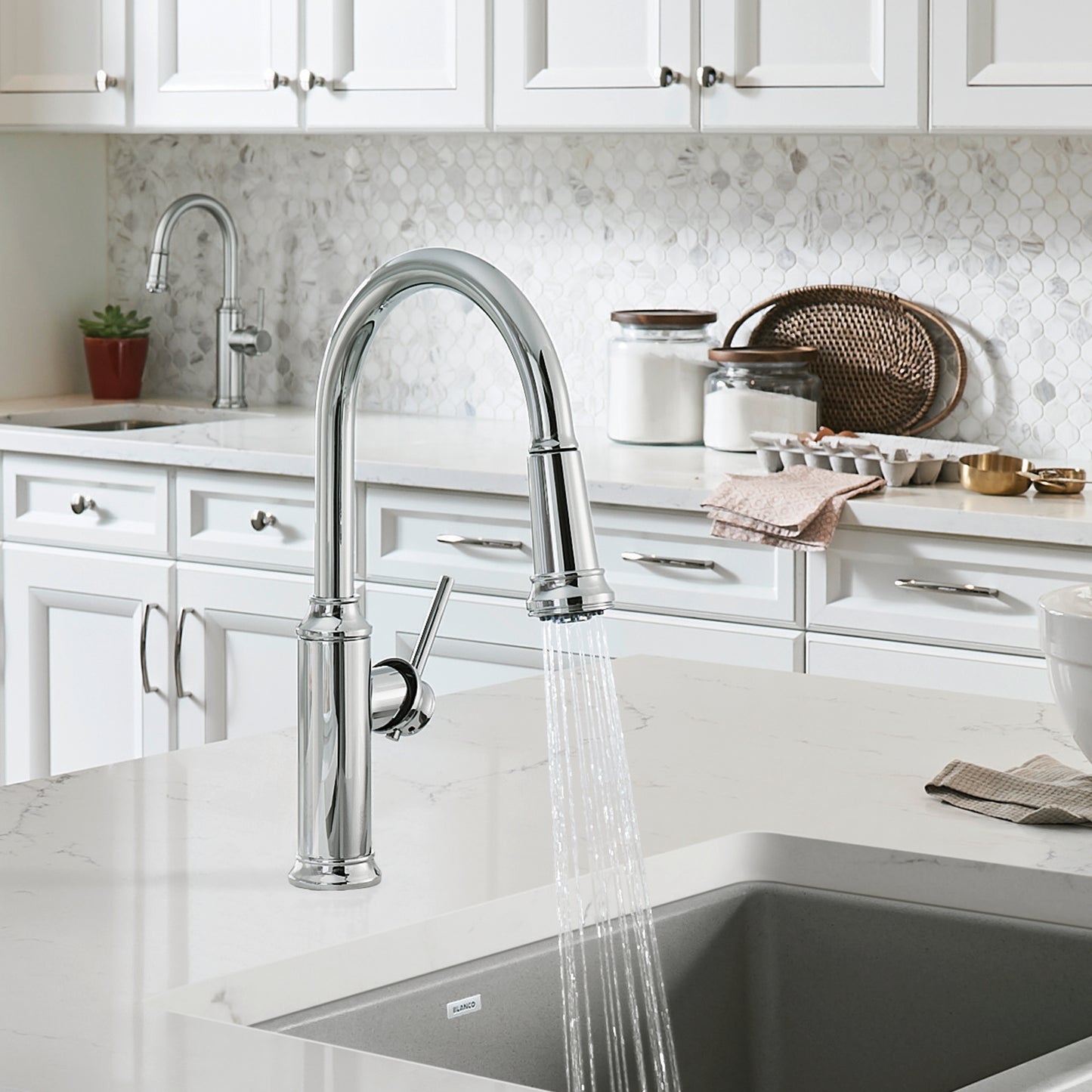 BLANCO Empressa High Arc Pull-Down Dual-Spray Kitchen Faucet with elevated spout in a modern kitchen setting.