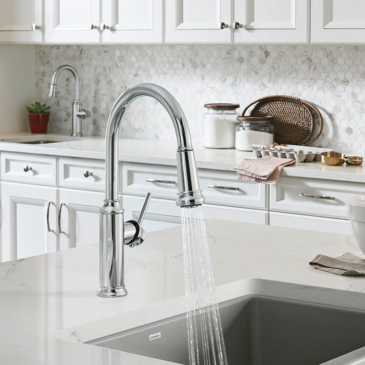 BLANCO Empressa High Arc Pull-Down Dual-Spray Kitchen Faucet with elevated spout in a modern kitchen setting.