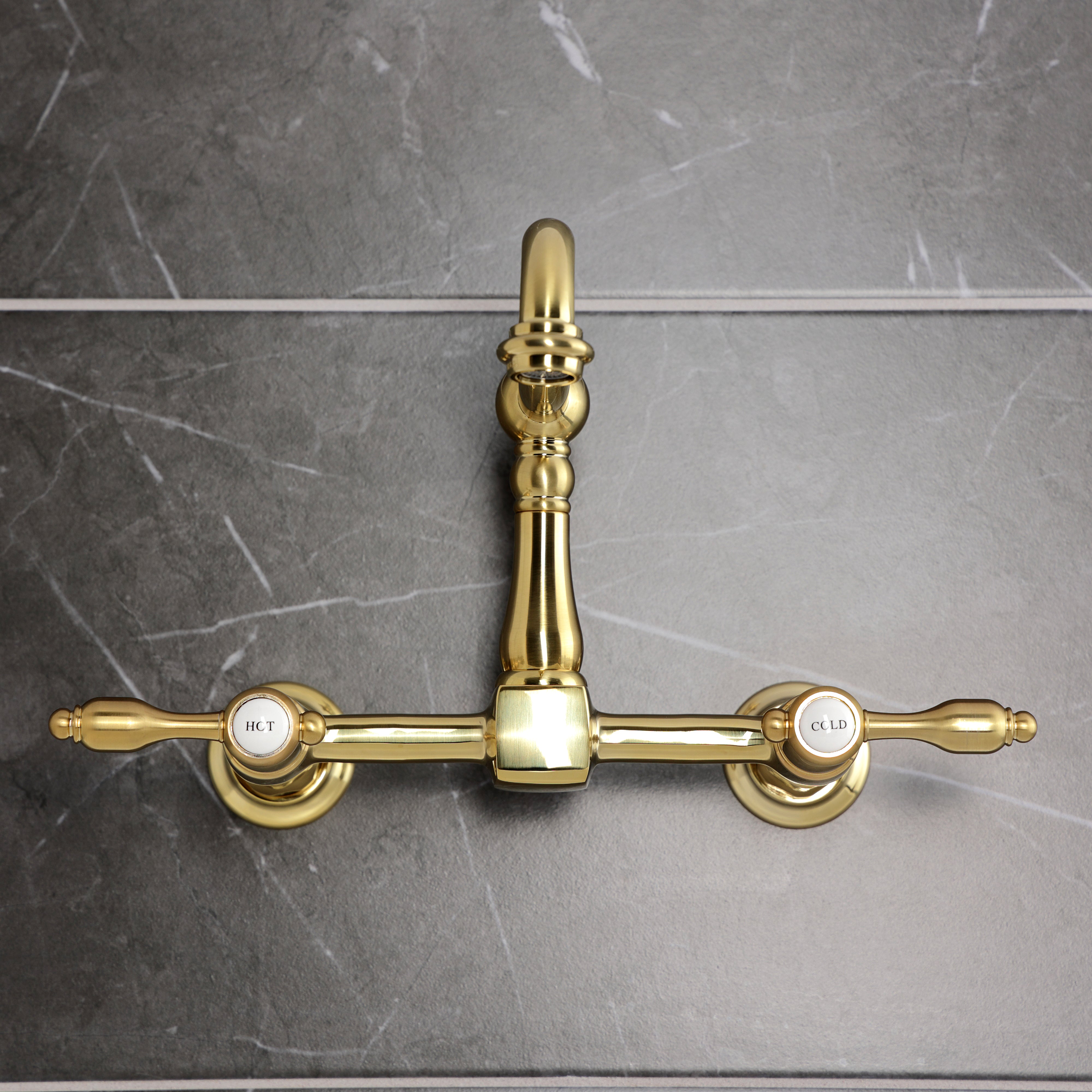 Kingston KS1263TAL Tudor Two-Handle Wall Mount Bridge Kitchen Faucet, Antique Brass