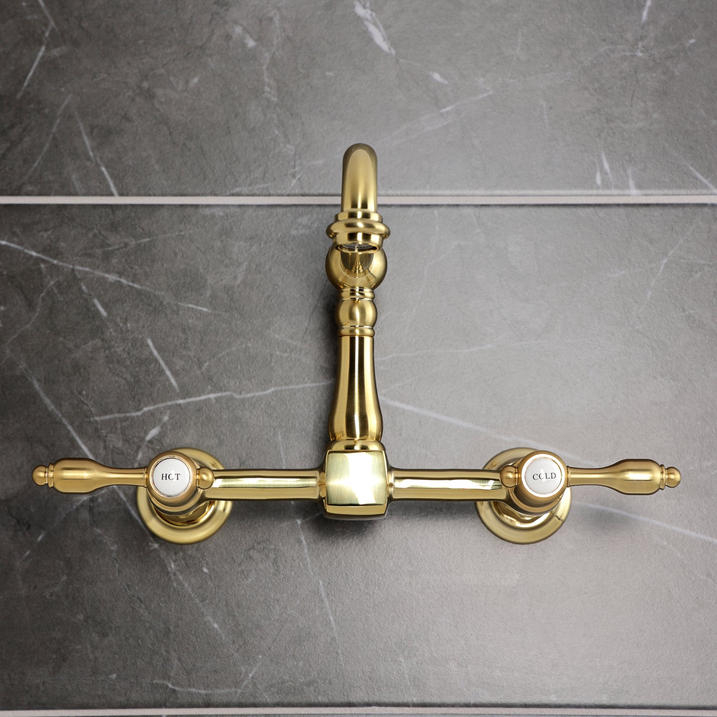 Kingston KS1263TAL Tudor Two-Handle Wall Mount Bridge Kitchen Faucet, Antique Brass