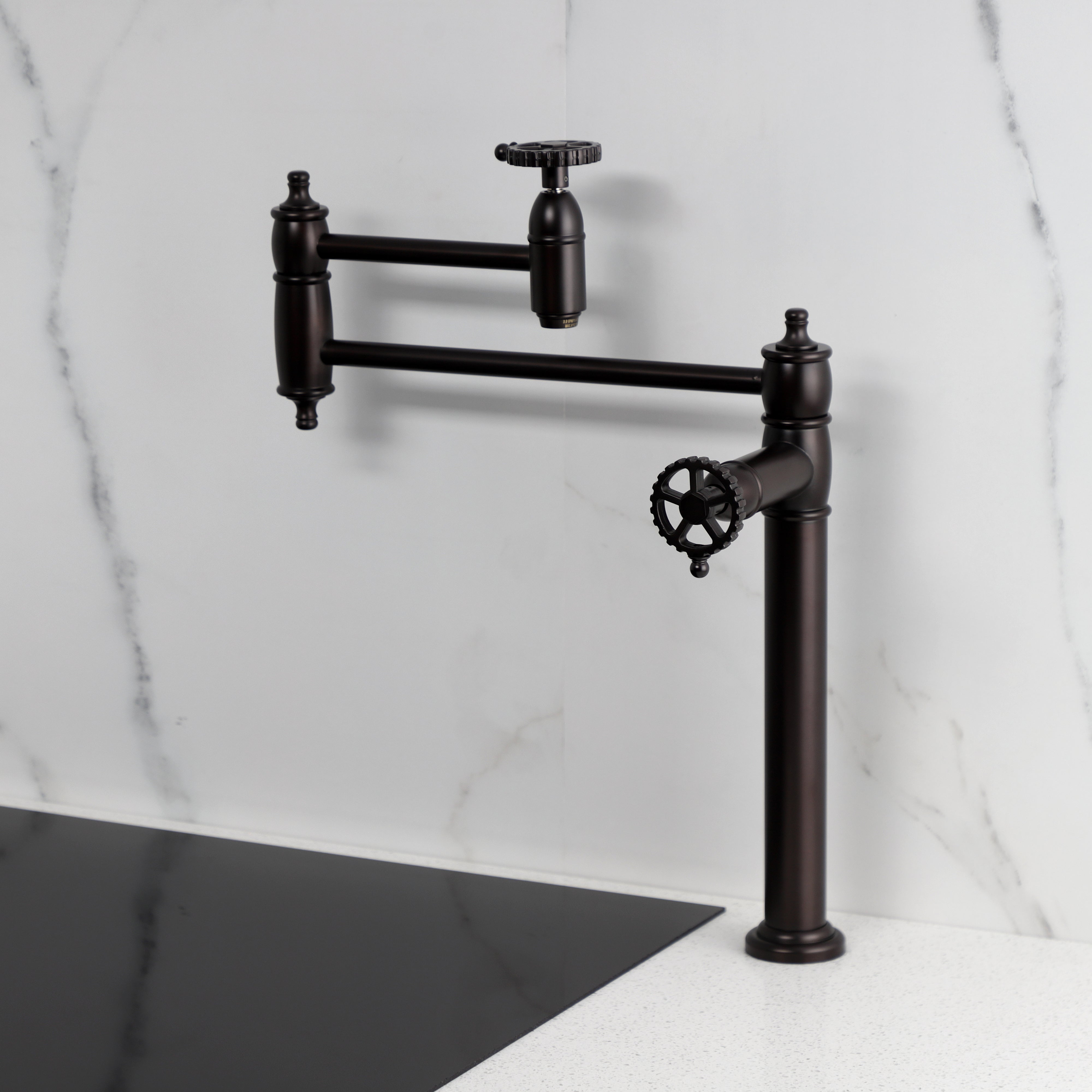 Kingston Brass KS3703CG Fuller Deck Mount Pot Filler Faucet, Antique Brass installed in a stylish kitchen setting.