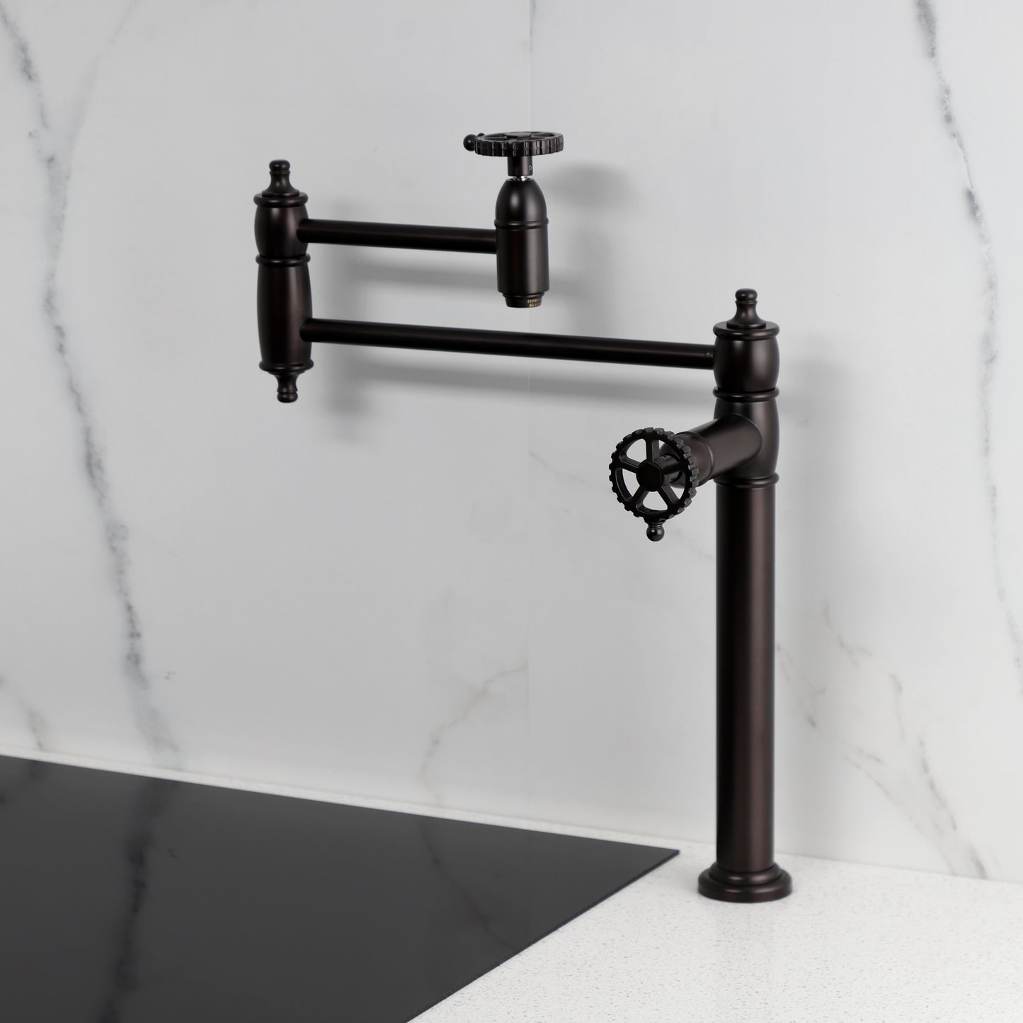 Kingston Brass KS3703CG Fuller Deck Mount Pot Filler Faucet, Antique Brass installed in a stylish kitchen setting.