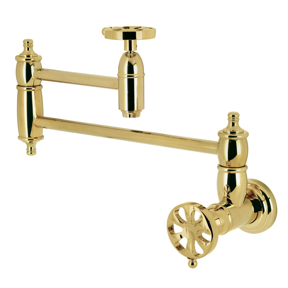 Kingston Brass KS3103RX Belknap Wall Mount Pot Filler Faucet, Antique Brass design with foldable swing arms for easy pot filling