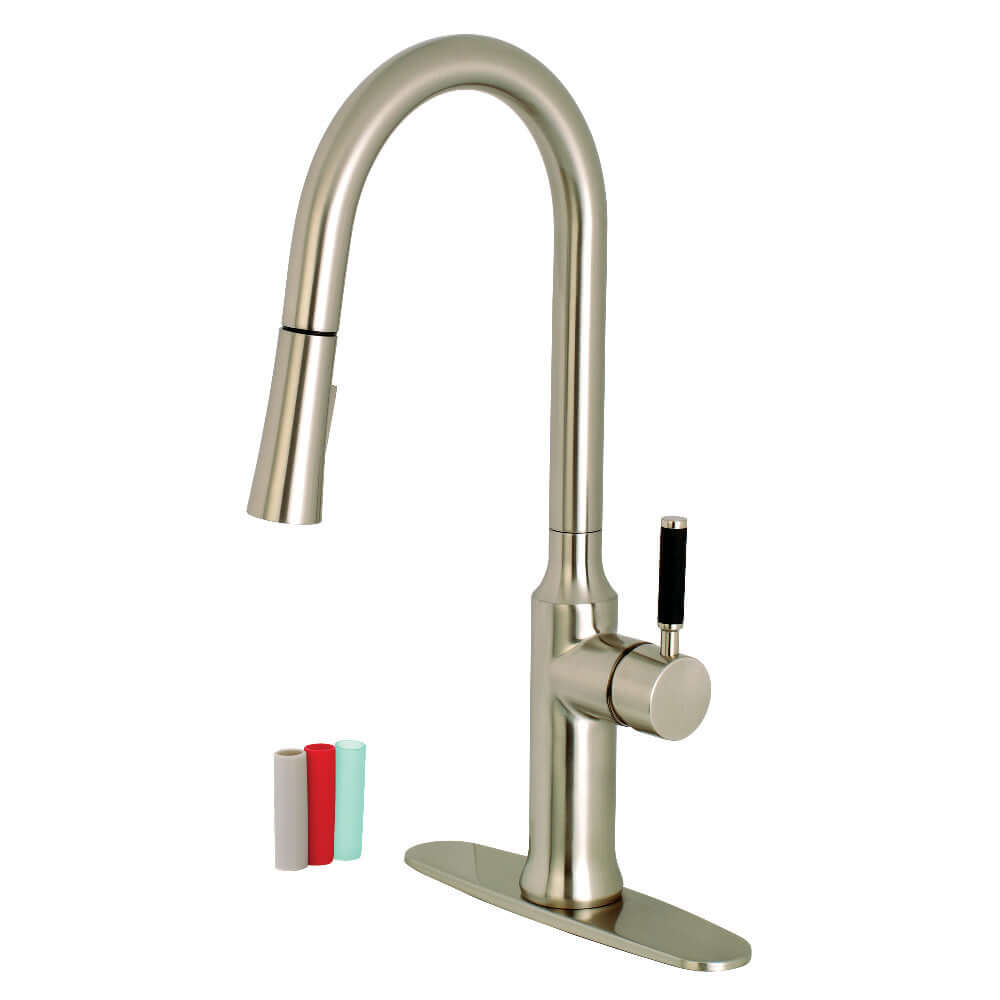 Gourmetier LS2723DKL Kaiser Single-Handle Pull-Down Kitchen Faucet, Brushed Brass with ergonomic design and high arching spout.