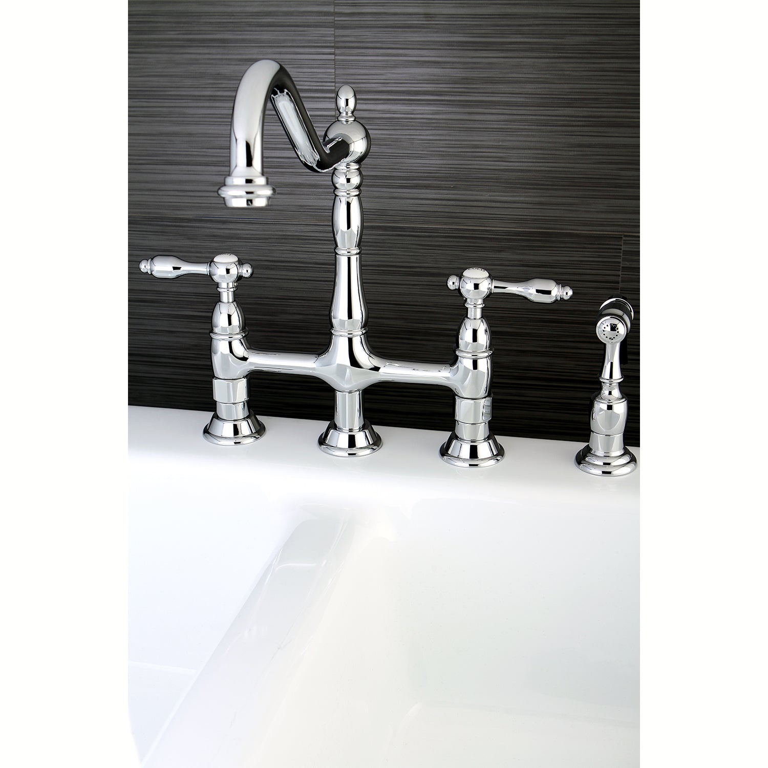 Kingston KS1273TALBS Tudor Bridge Kitchen Faucet with Brass Sprayer, Antique Brass
