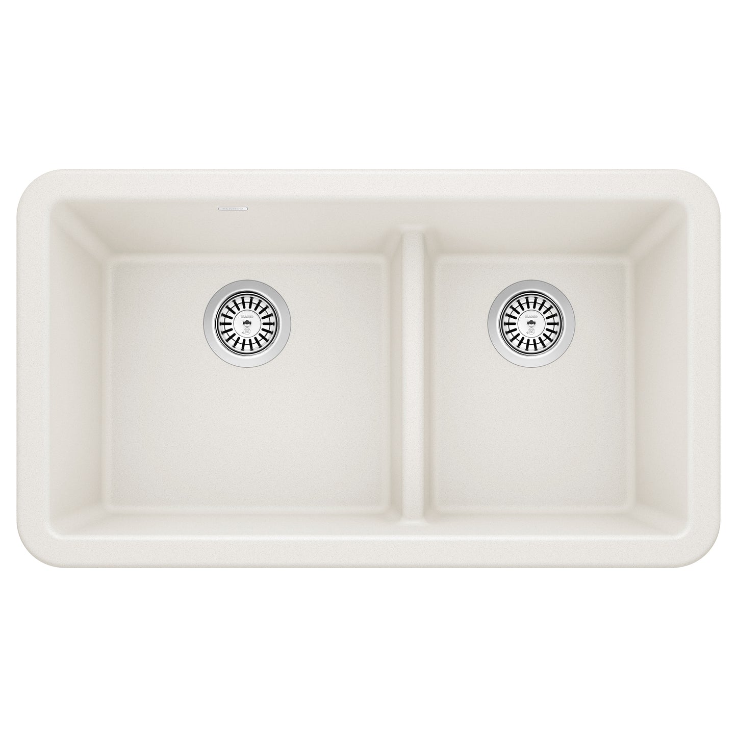 BLANCO Ikon SILGRANIT 33" Double Bowl Apron-Front Farmhouse Sink with Low Divide, top view of double bowl design.