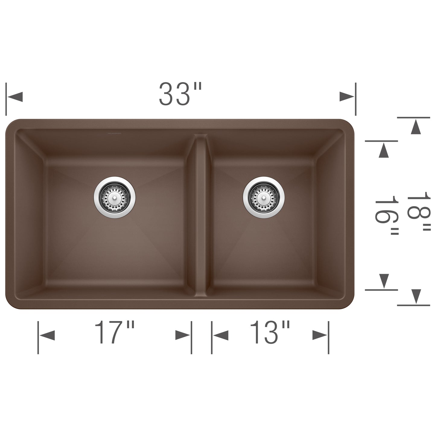 BLANCO Precis SILGRANIT 33" 60/40 Double Bowl Undermount Kitchen Sink top view with dimensions and dual bowl layout.
