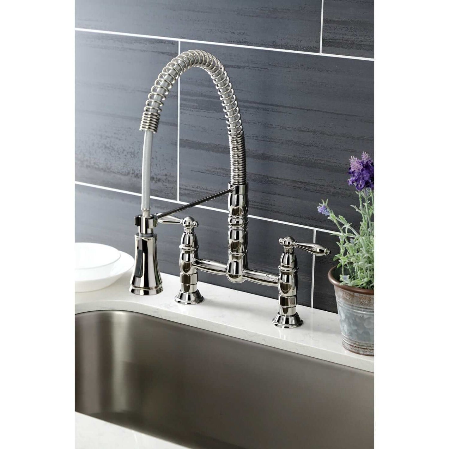 KINGSTON Brass Gourmetier Heritage Two-Handle Kitchen Faucet - Polished Nickel in a modern kitchen setting.