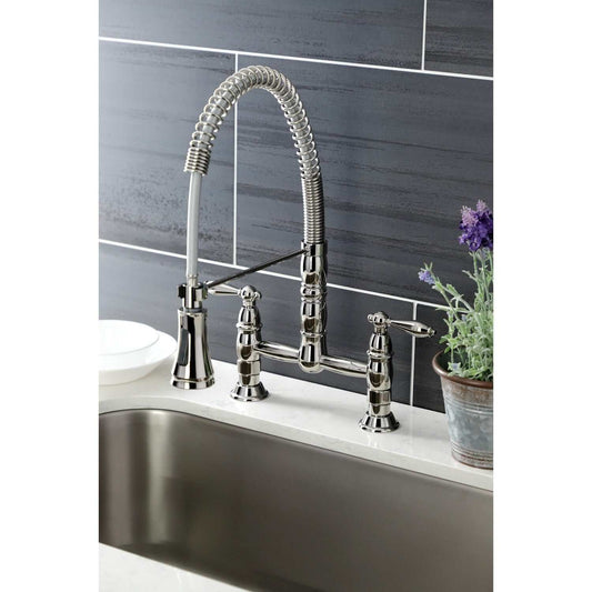 KINGSTON Brass Gourmetier Heritage Two-Handle Kitchen Faucet - Polished Nickel in a modern kitchen setting.