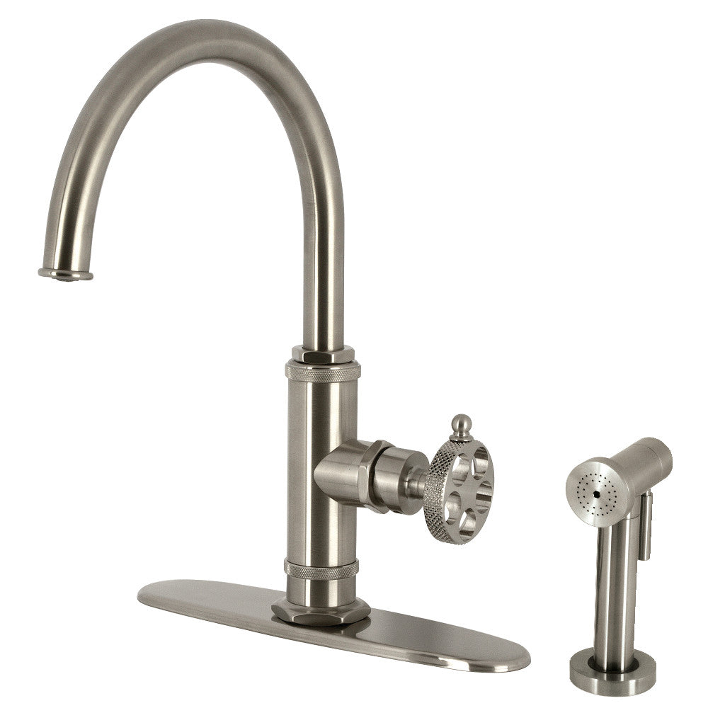 Kingston Brass KS2433RKX Webb Single-Handle Kitchen Faucet with Knurled Handle and Brass Side Sprayer, Antique Brass