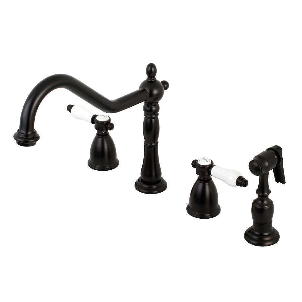 Kingston Brass KB1793BPLBS Bel-Air Double-Handle Widespread Kitchen Faucet with Brass Sprayer, Antique Brass.