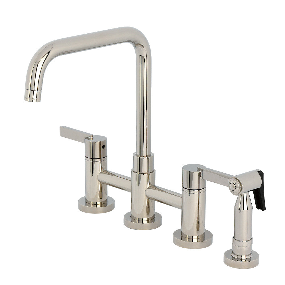 Kingston KS8287CTLBS Continental Bridge Kitchen Faucet with Brass Sprayer, Brushed Brass in polished nickel finish