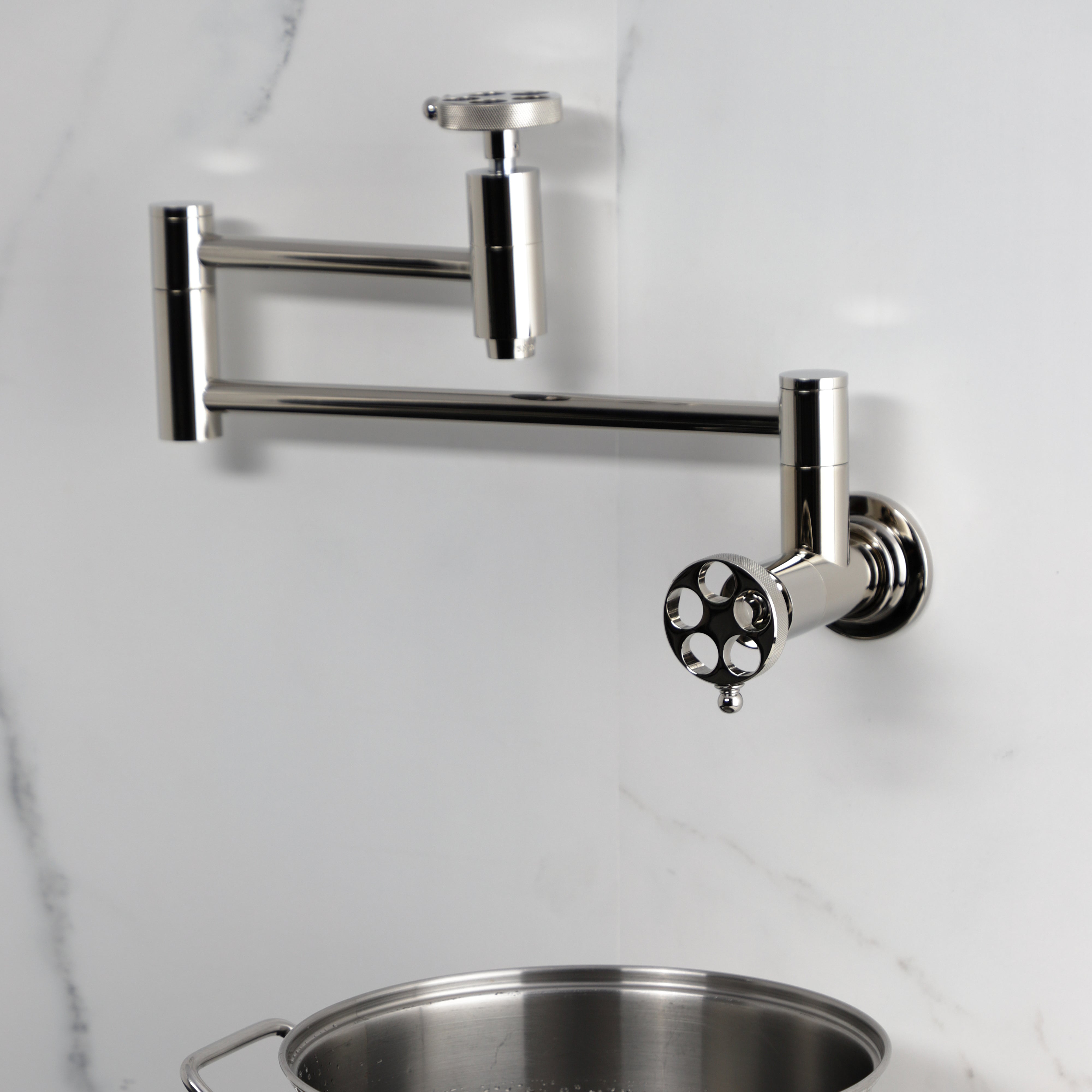 Kingston Brass KS8103RKZ Wendell Wall Mount Pot Filler Faucet with Knurled Handle, Antique Brass