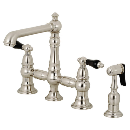 Kingston KS7277PKLBS Duchess Bridge Kitchen Faucet with Brass Sprayer, Brushed Brass and black porcelain handles