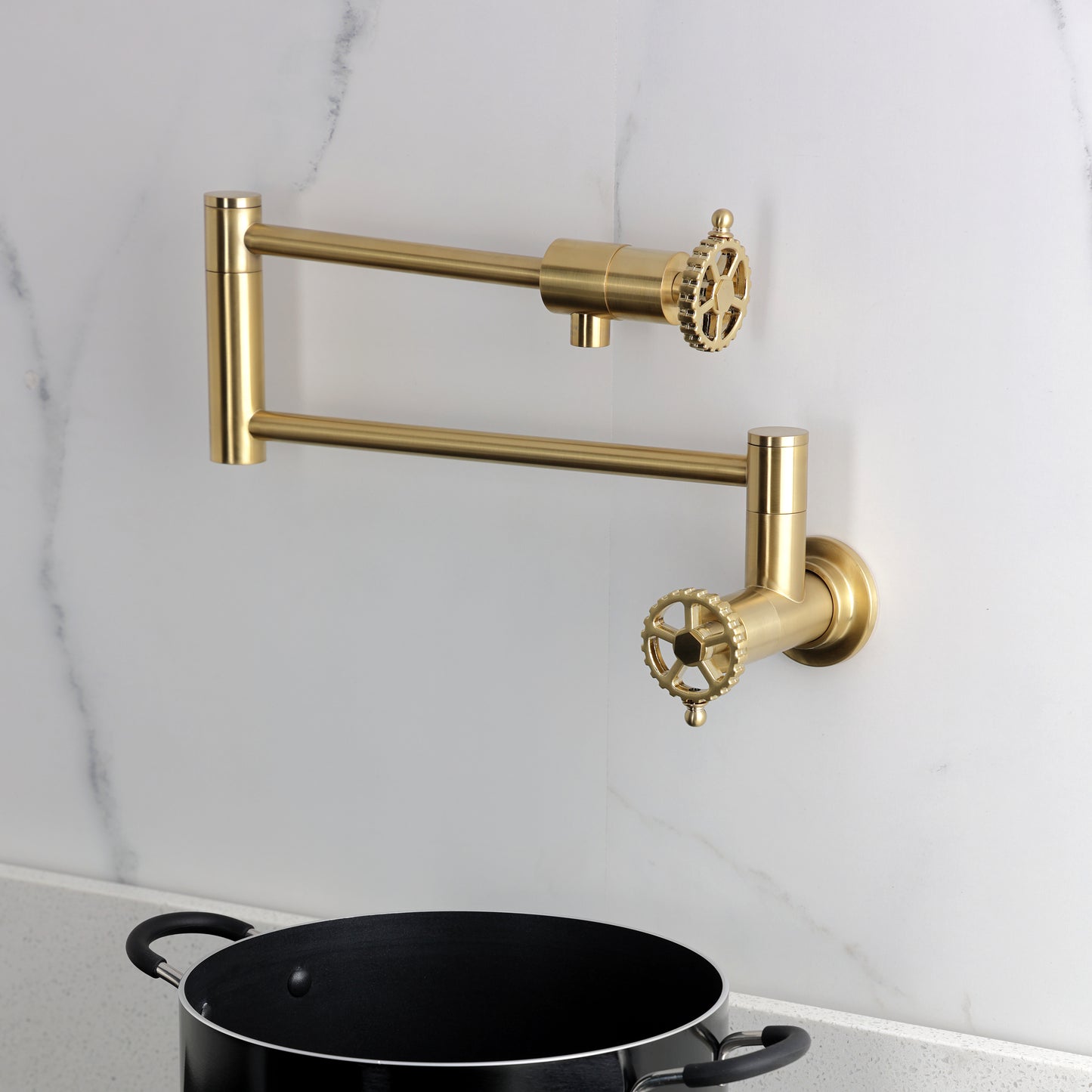 Kingston Brass KS4103CG Fuller Wall Mount Pot Filler Faucet, Antique Brass with foldable swing arms and black pot