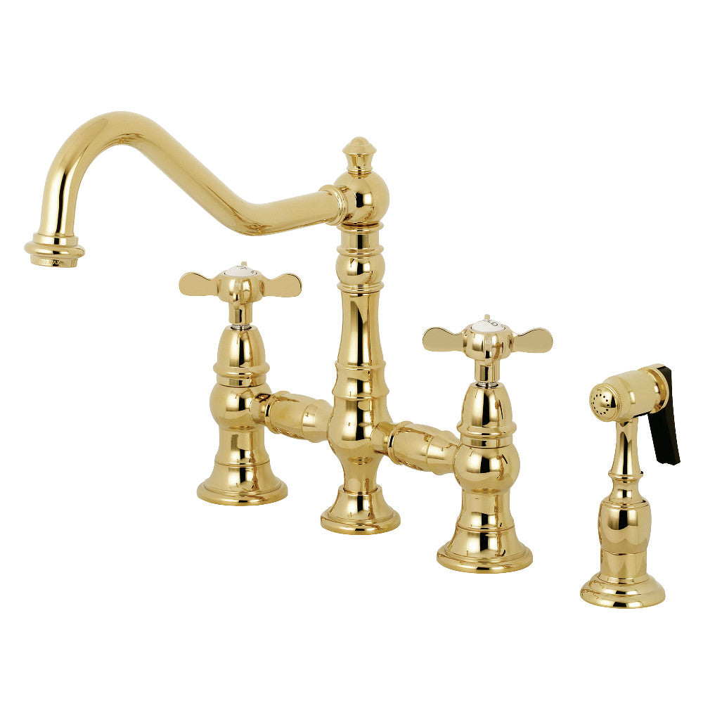 Kingston KS3277BEXBS Essex Bridge Kitchen Faucet with Brass Sprayer, Brushed Brass, elegant design, Victorian swivel spout