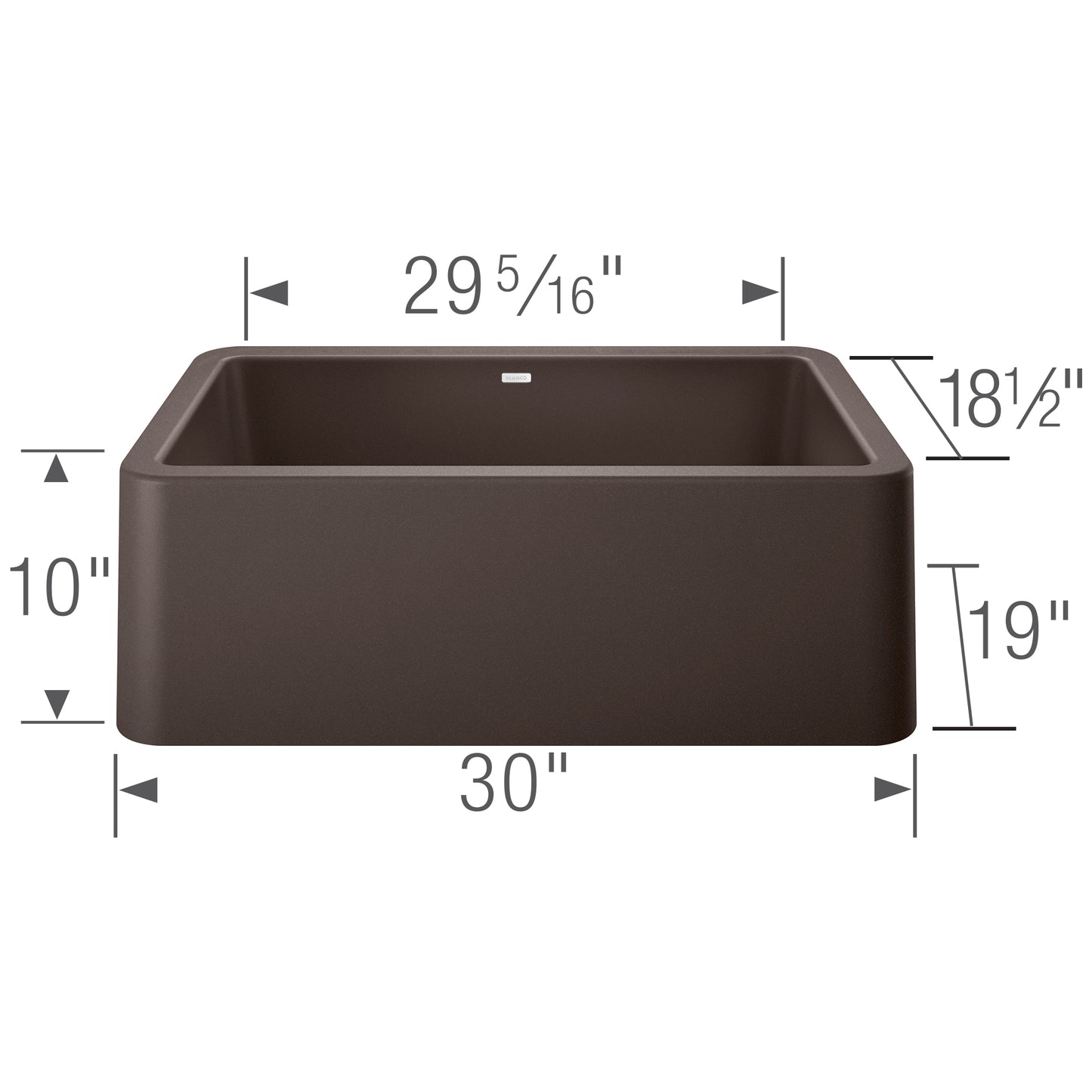 BLANCO Ikon SILGRANIT 30" Single Bowl Apron-Front Farmhouse Sink with dimensions showing 30" x 19" x 10".
