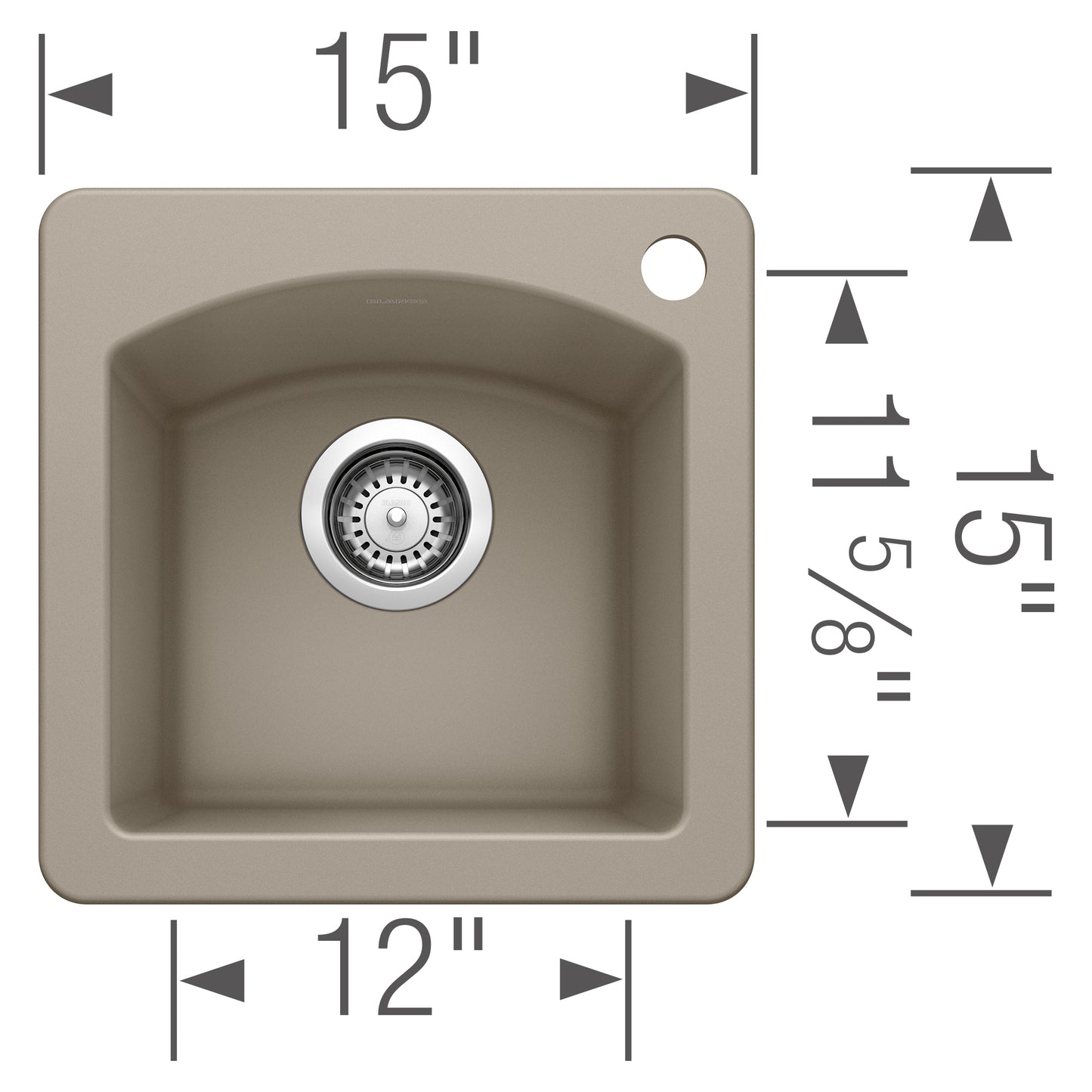 BLANCO Diamond SILGRANIT 15" Dual Mount Bar Sink top view with dimensions shown.