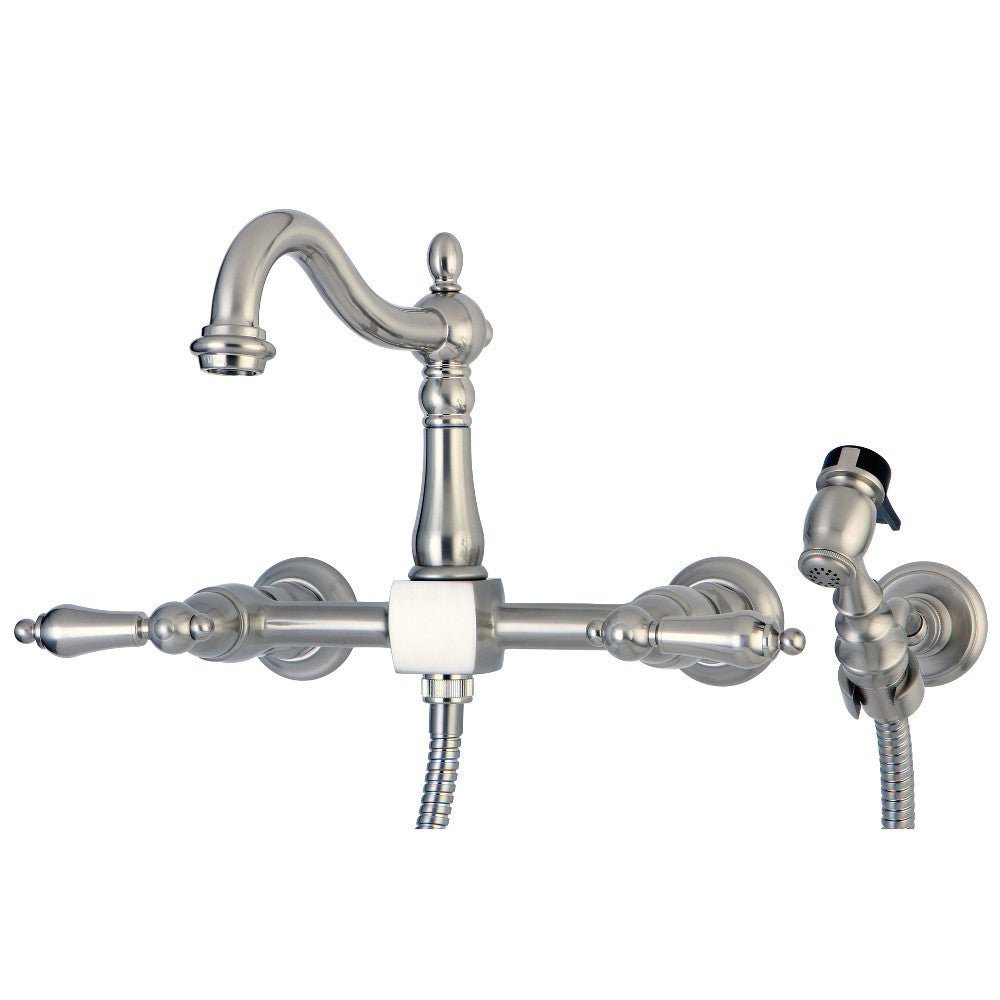 Kingston KS1263ALBS Heritage Two-Handle Wall Mount Bridge Kitchen Faucet with Brass Sprayer, Antique Brass.