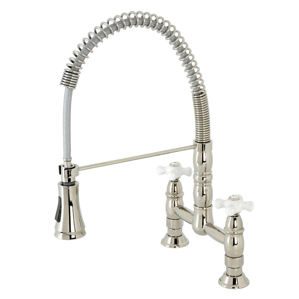 Gourmetier GS1273PX Heritage Double-Handle Deck-Mount Pre-Rinse Bridge Kitchen Faucet, Antique Brass in polished nickel finish.