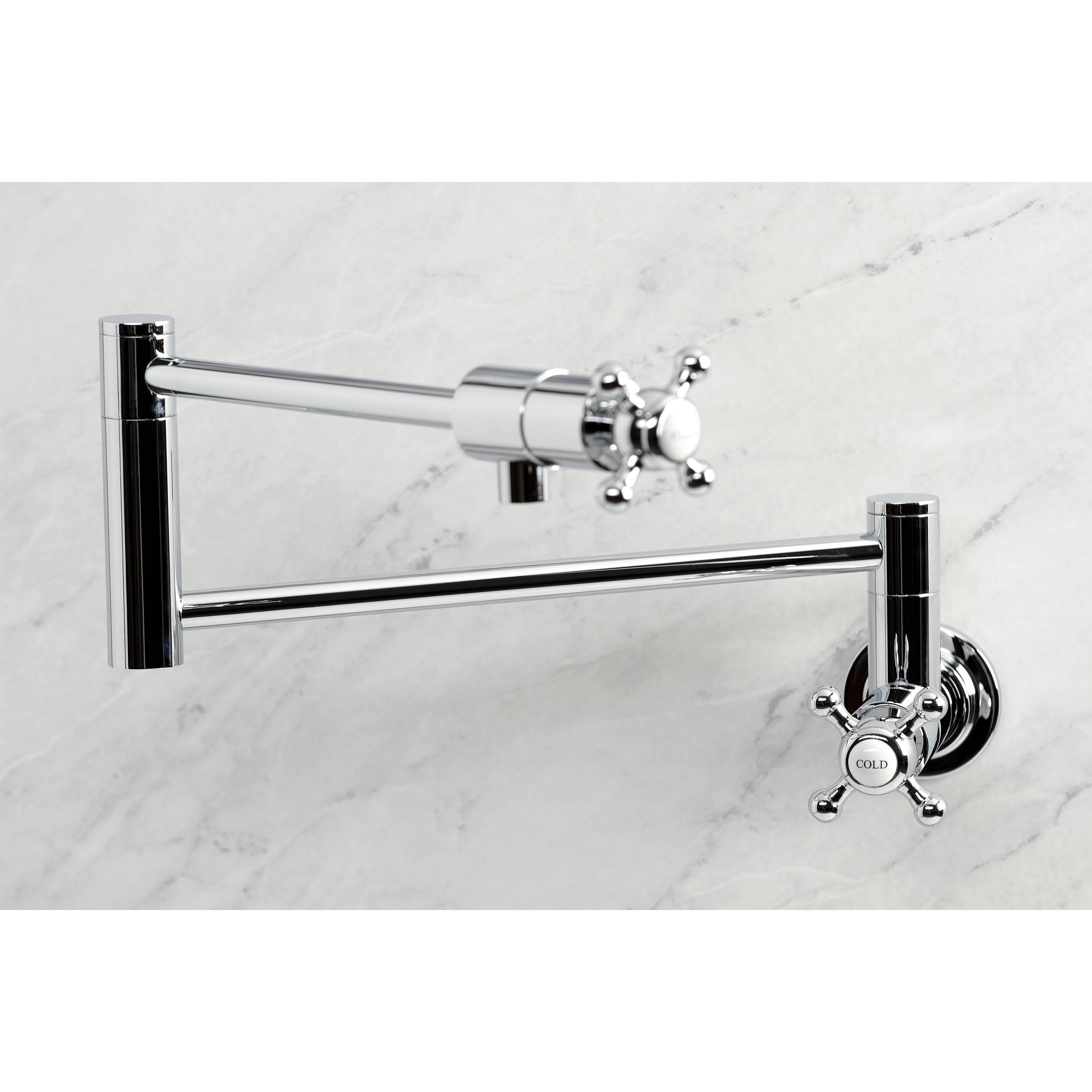 Kingston Brass KS4103BX Metropolitan Wall Mount Pot Filler Faucet, Antique Brass, chrome finish, foldable swing arms.