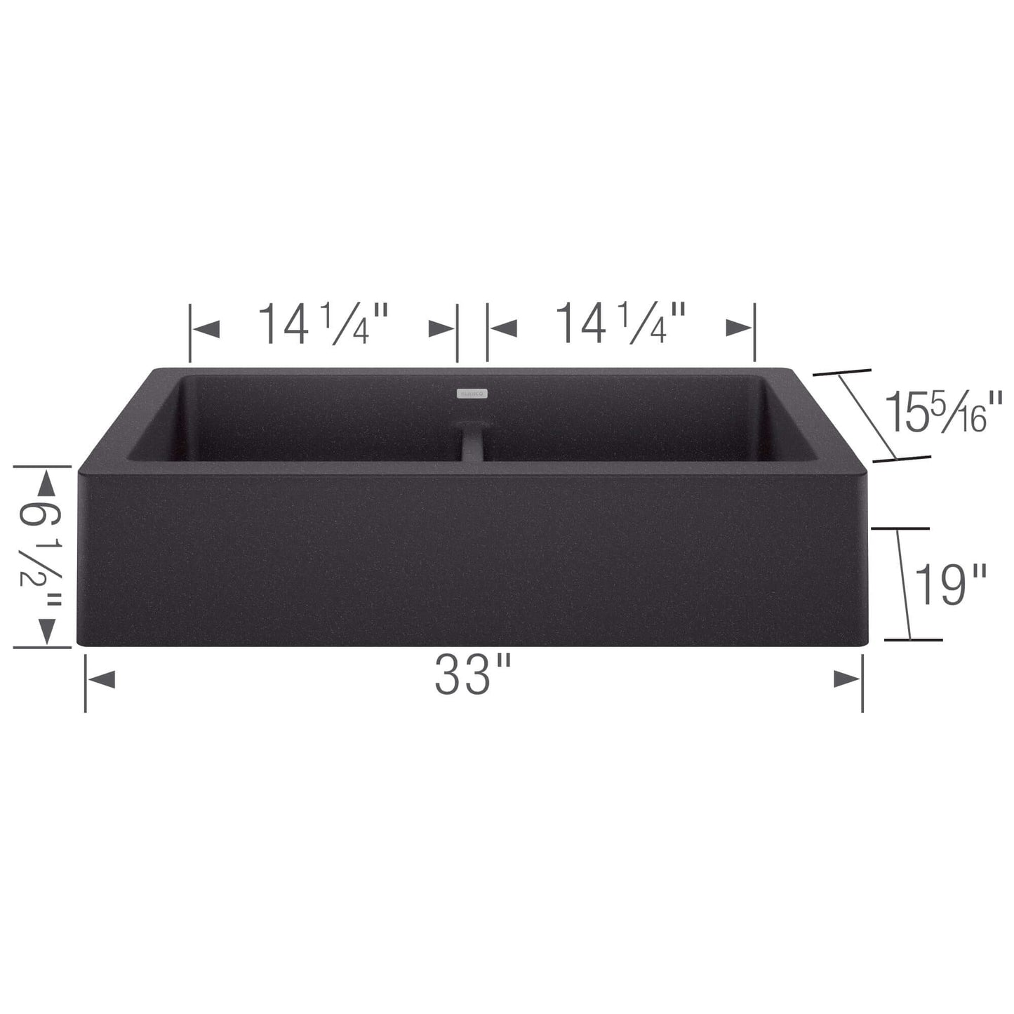 BLANCO VINTERA 33" SILGRANIT Double Bowl Farmhouse Sink dimensions showing apron-front and bowl sizes