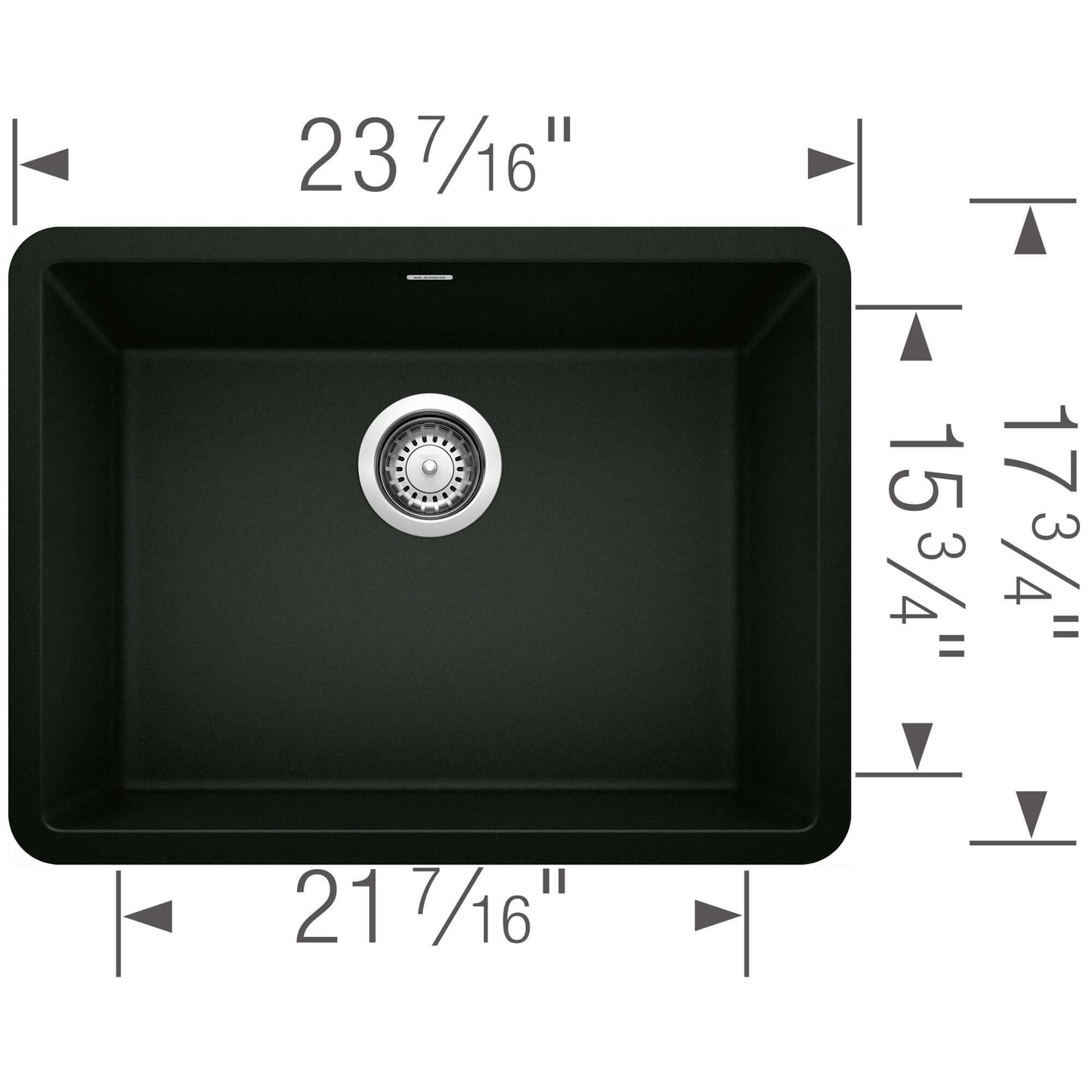 BLANCO PRECIS 24" SILGRANIT Compact Undermount Sink dimensions, showing 23 7/16" x 21 7/16" x 15 3/4" size.