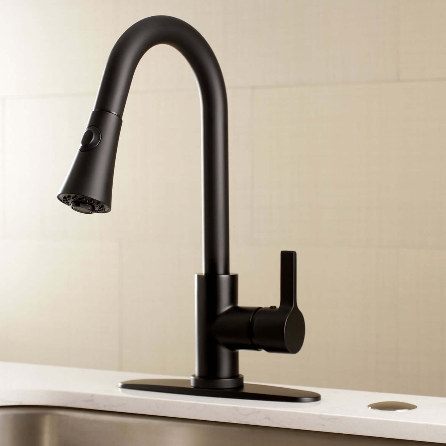 Kingston Brass LS8723CTL Continental Pull-Down Kitchen Faucet angled view showcasing its sleek curved spout design.