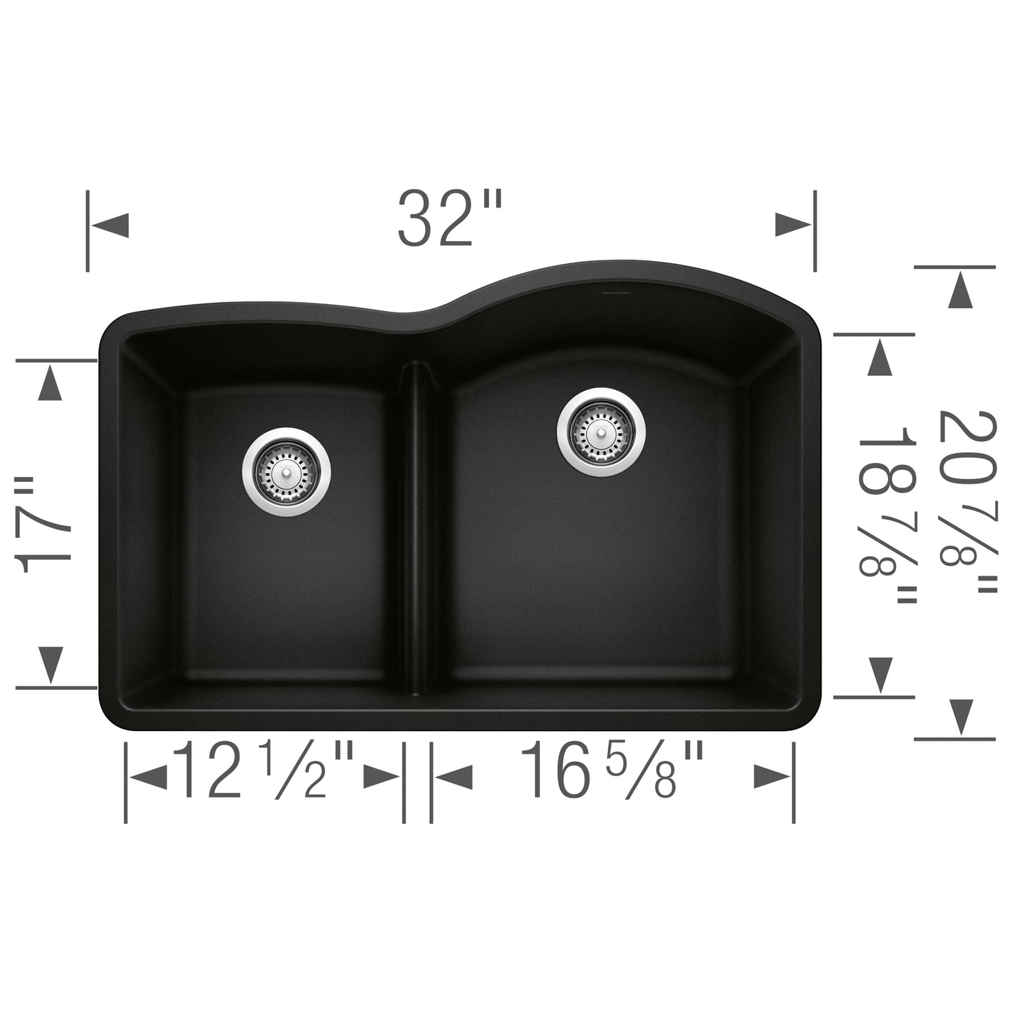 BLANCO Diamond SILGRANIT 32" 40/60 Reverse Double Bowl Undermount Kitchen Sink with Low Divide top view dimensions