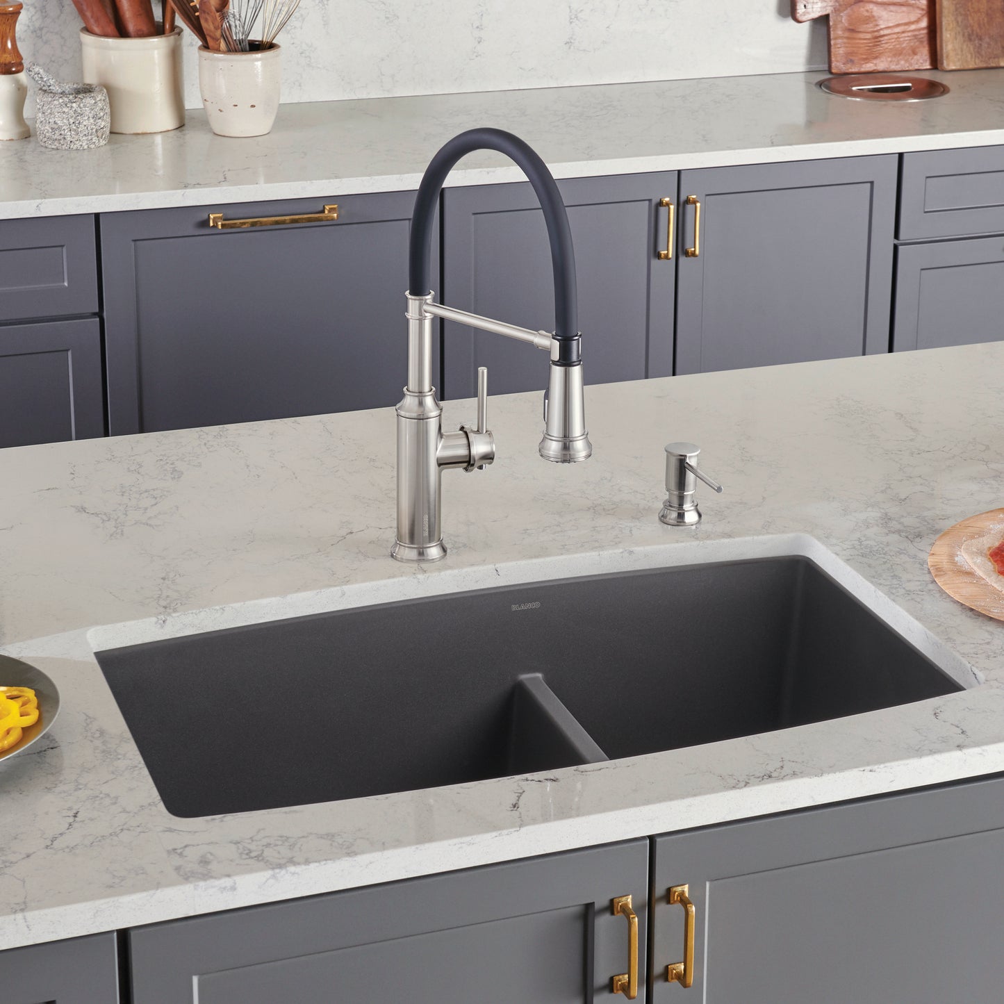 BLANCO Performa SILGRANIT 33" 60/40 Double Bowl Undermount Kitchen Sink with Low Divide in modern kitchen setup.