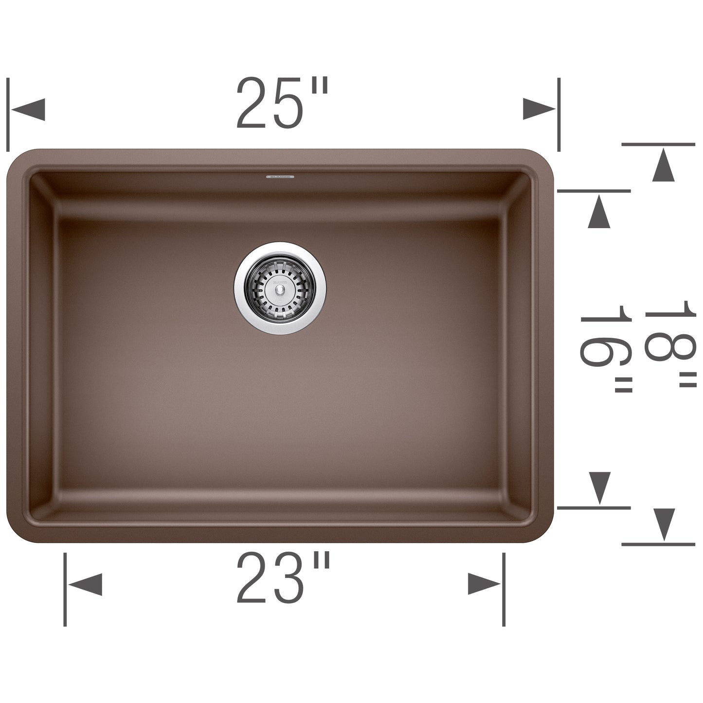 BLANCO Precis SILGRANIT 25" ADA Single Bowl Undermount Kitchen Sink dimensions and design specifications.