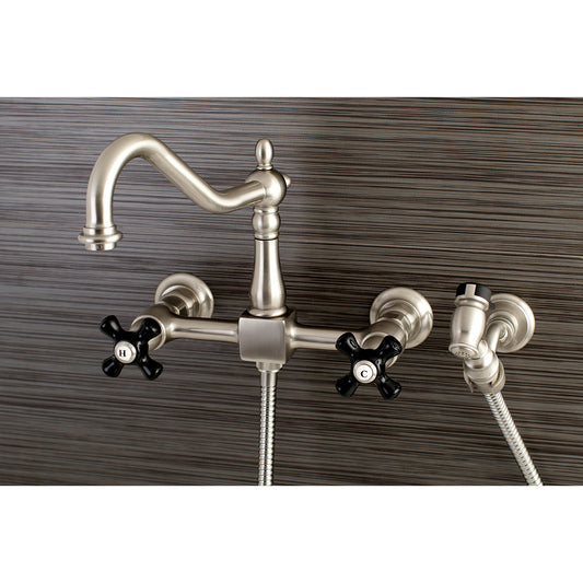 Kingston KS1248PKXBS Duchess Two-Handle Wall Mount Bridge Kitchen Faucet with Brass Sprayer, Brushed Nickel