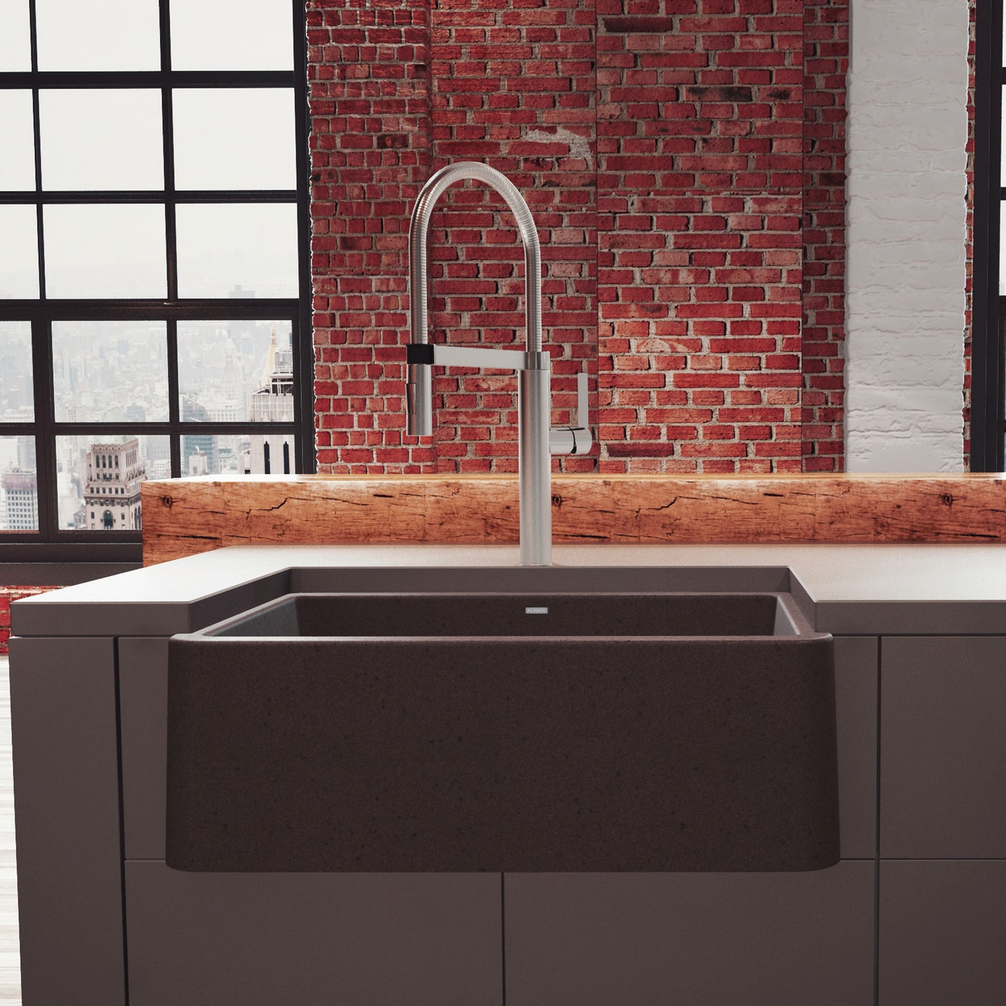 BLANCO Ikon SILGRANIT 30" Single Bowl Apron-Front Farmhouse Sink in modern kitchen with industrial decor.