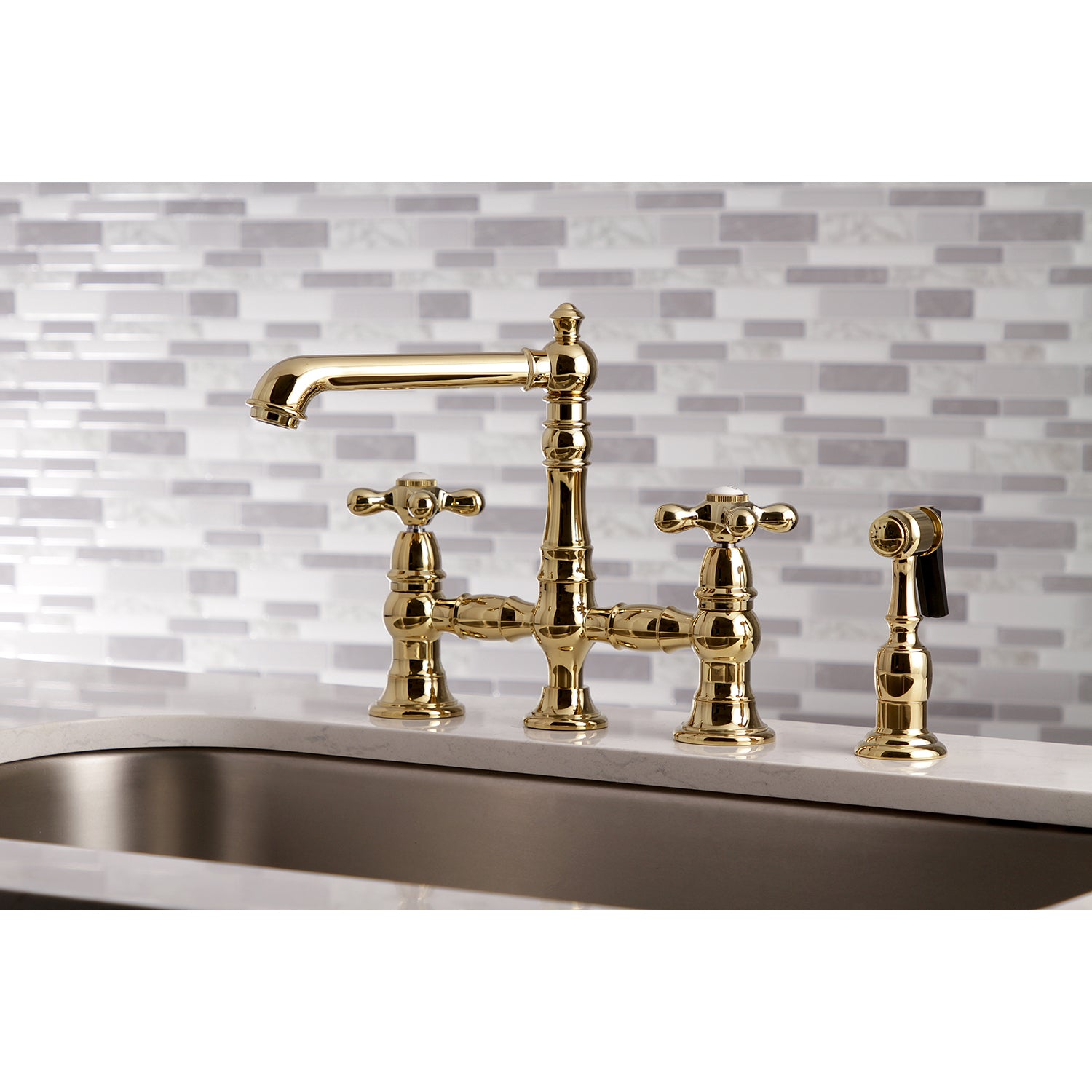 Kingston KS7277AXBS English Country Bridge Kitchen Faucet with Brass Sprayer, Brushed Brass