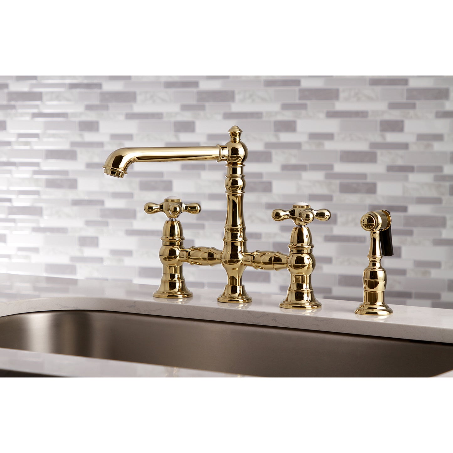 Kingston KS7277AXBS English Country Bridge Kitchen Faucet with Brass Sprayer, Brushed Brass