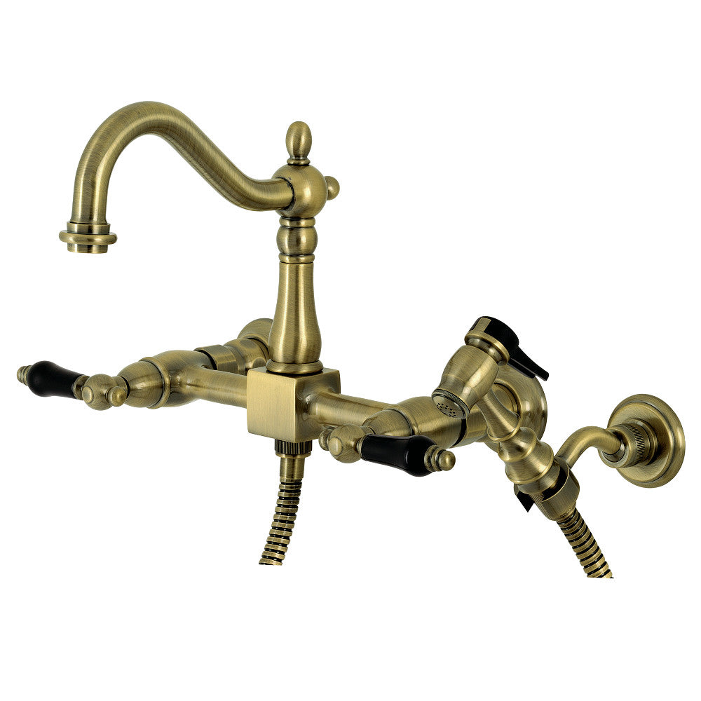 Kingston KS1263PKLBS Duchess Two-Handle Wall Mount Bridge Kitchen Faucet with Brass Sprayer, Antique Brass