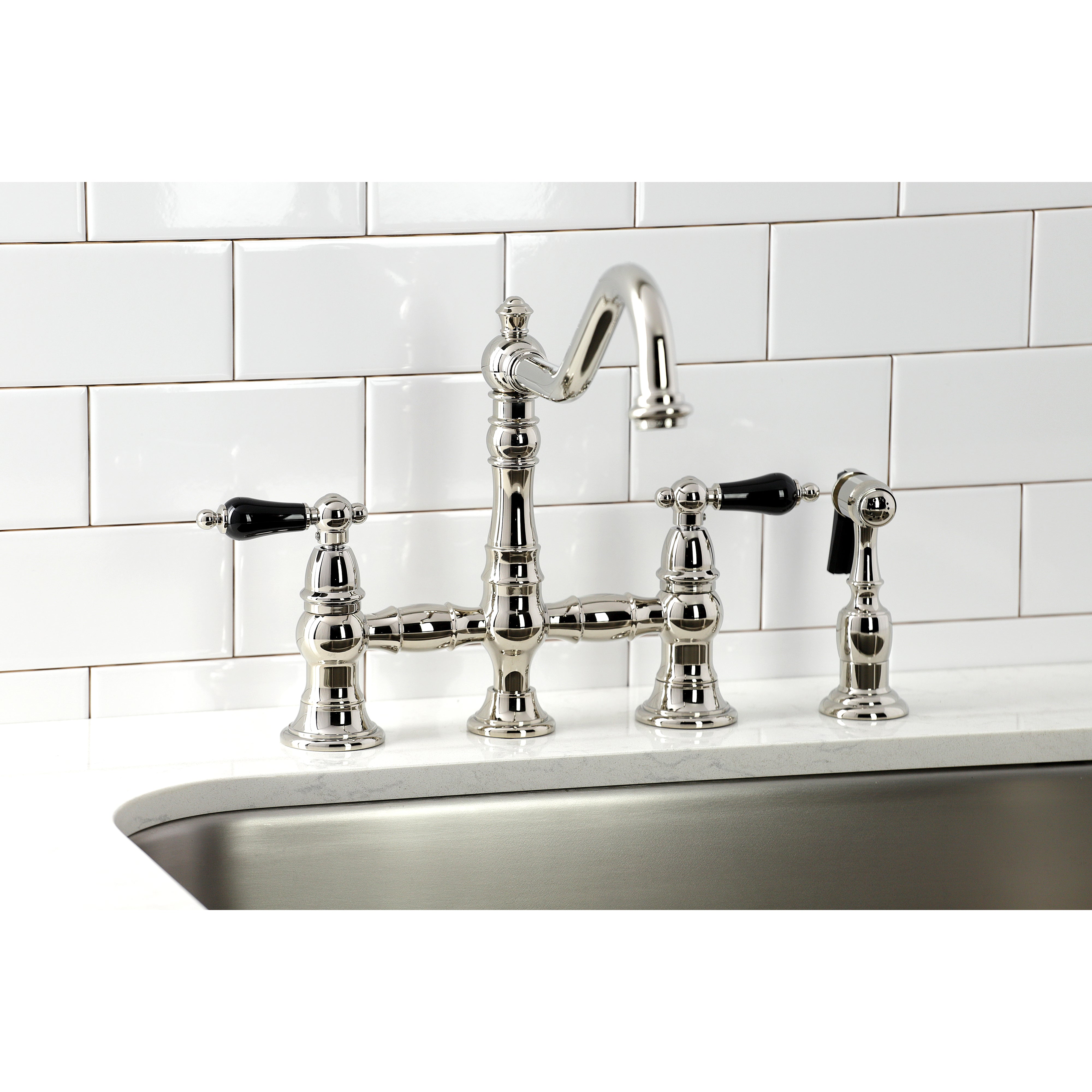 Kingston KS3277PKLBS Duchess Bridge Kitchen Faucet with Brass Sprayer, Brushed Brass