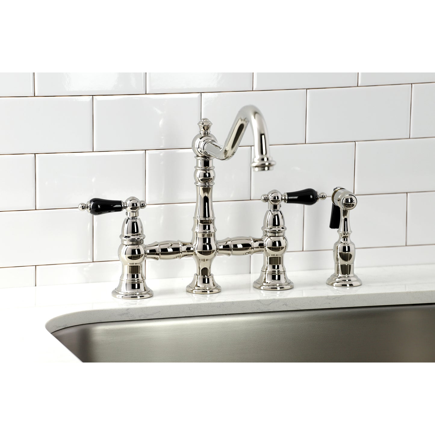 Kingston KS3277PKLBS Duchess Bridge Kitchen Faucet with Brass Sprayer, Brushed Brass
