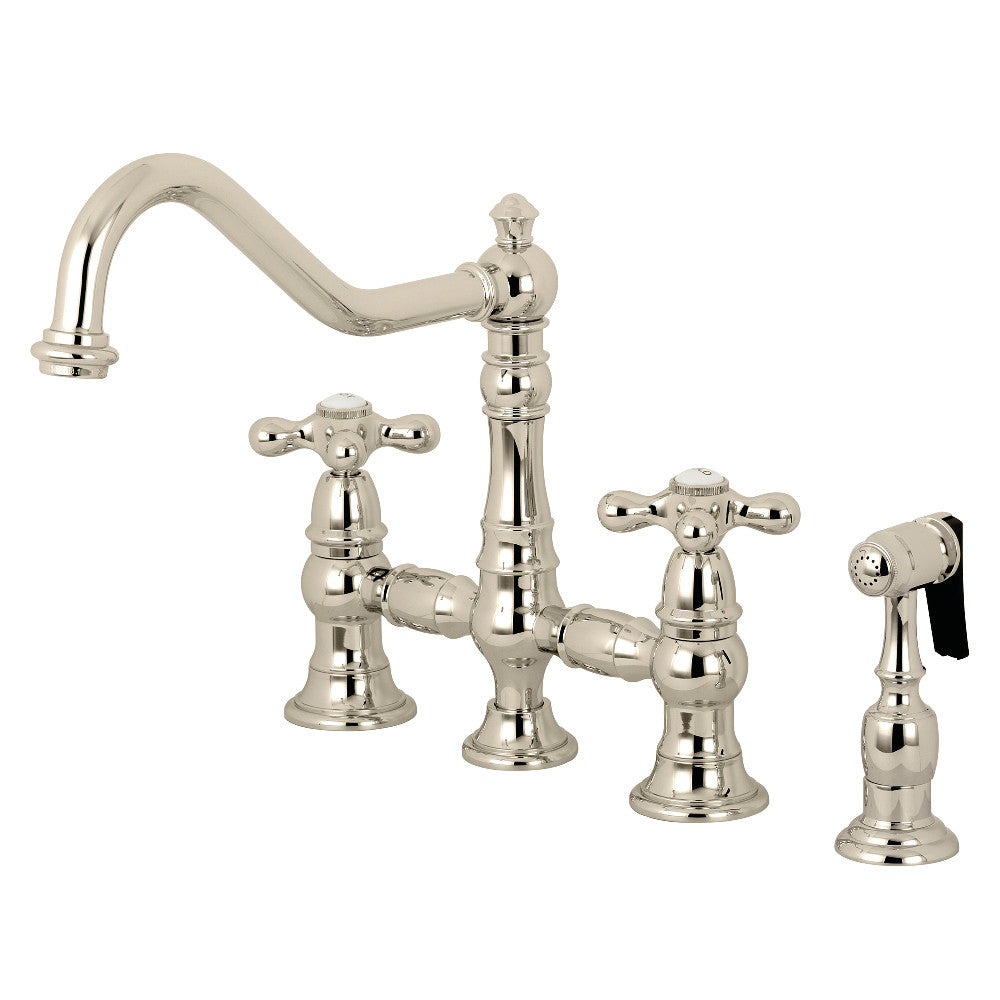 Kingston KS3277AXBS Restoration Bridge Kitchen Faucet with Brass Sprayer, Brushed Brass
