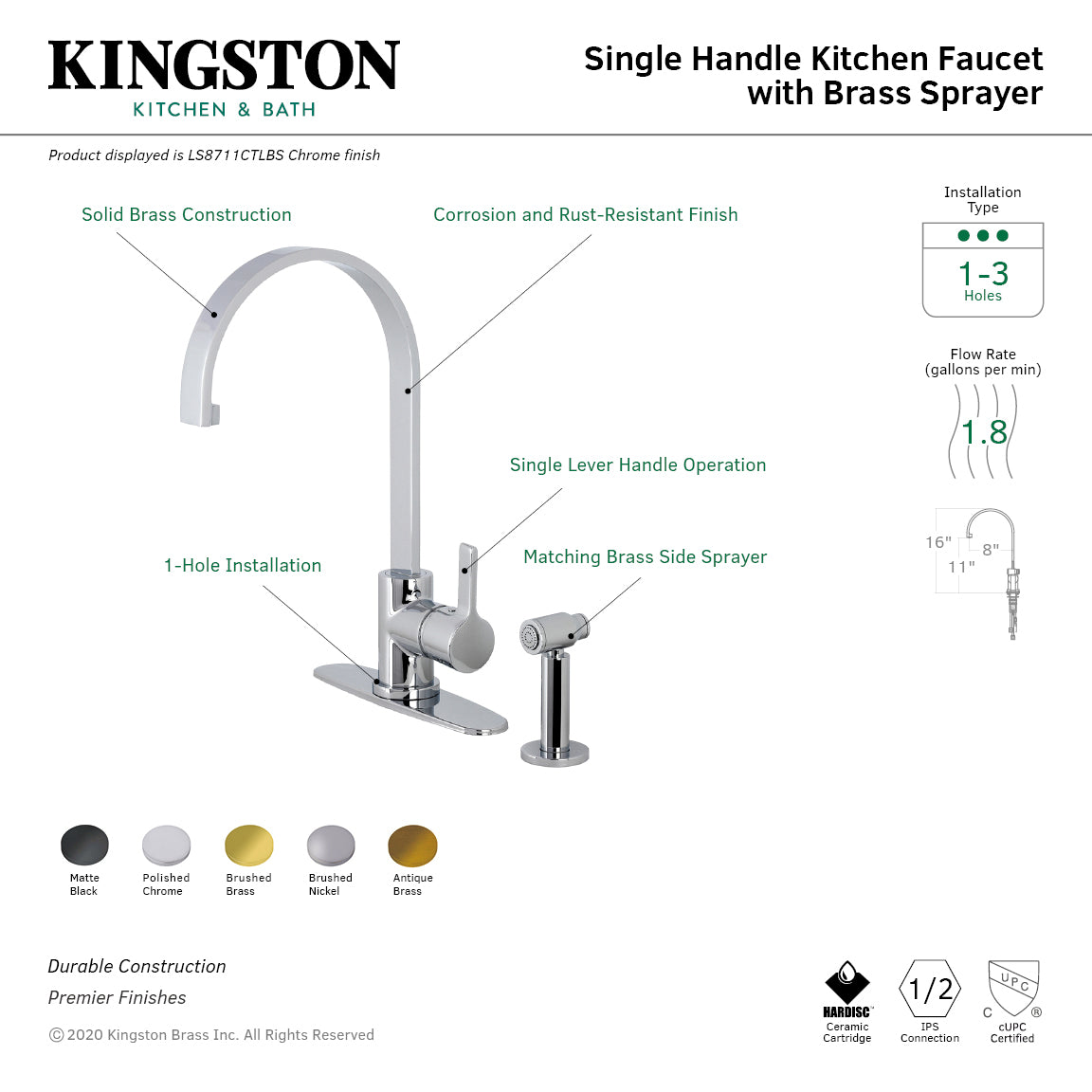 Kingston Brass LS8713CTLBS Continental Kitchen Faucet with Brass Side Sprayer