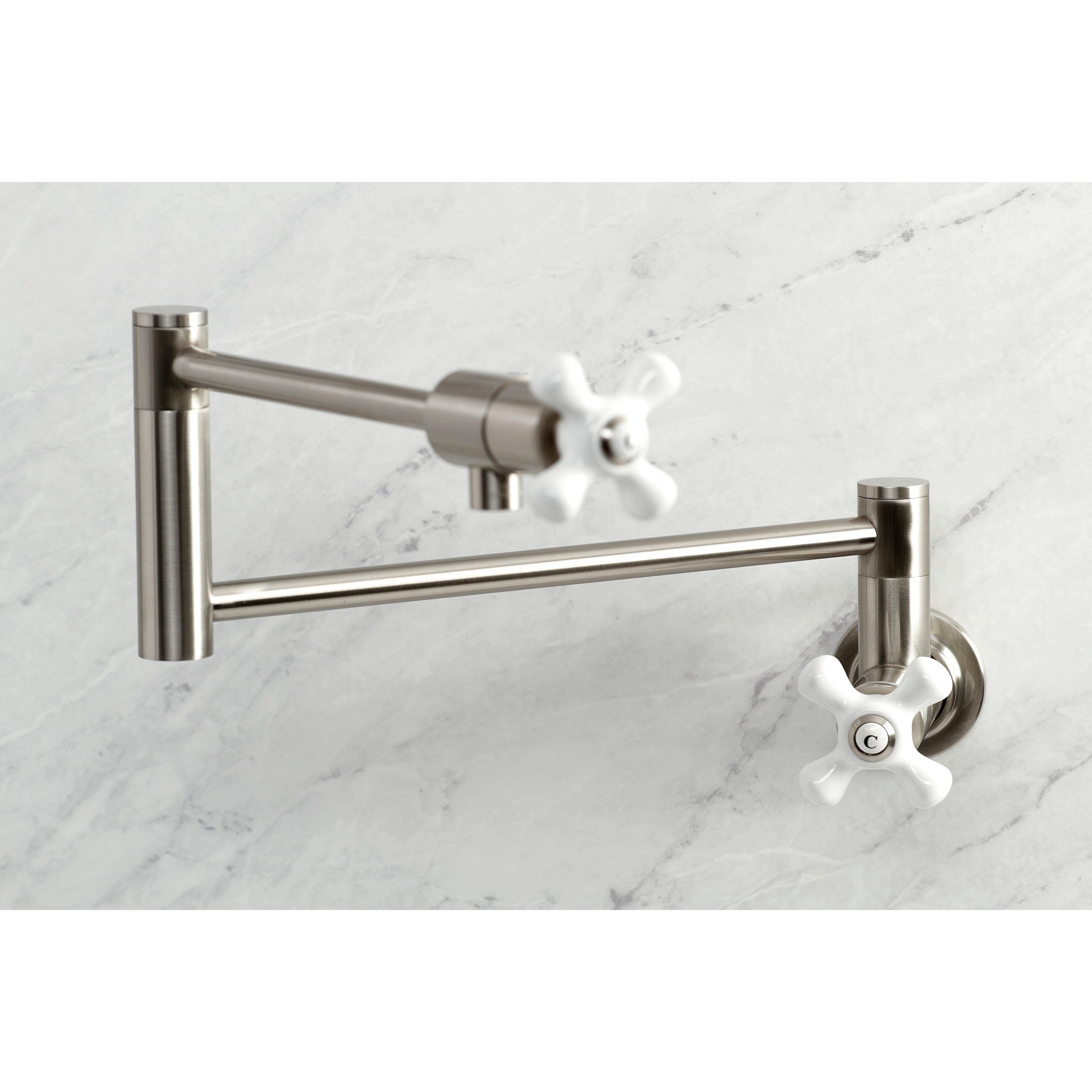 Kingston Brass KS4107PX Metropolitan Wall Mount Pot Filler Faucet, Brushed Brass with white handles