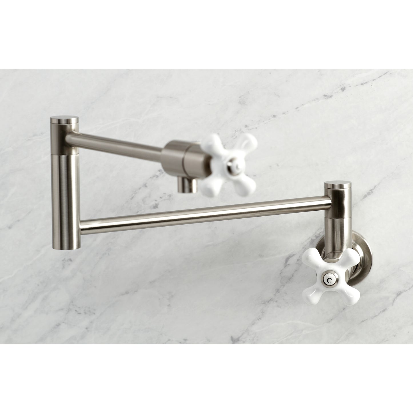 Kingston Brass KS4107PX Metropolitan Wall Mount Pot Filler Faucet, Brushed Brass with white handles