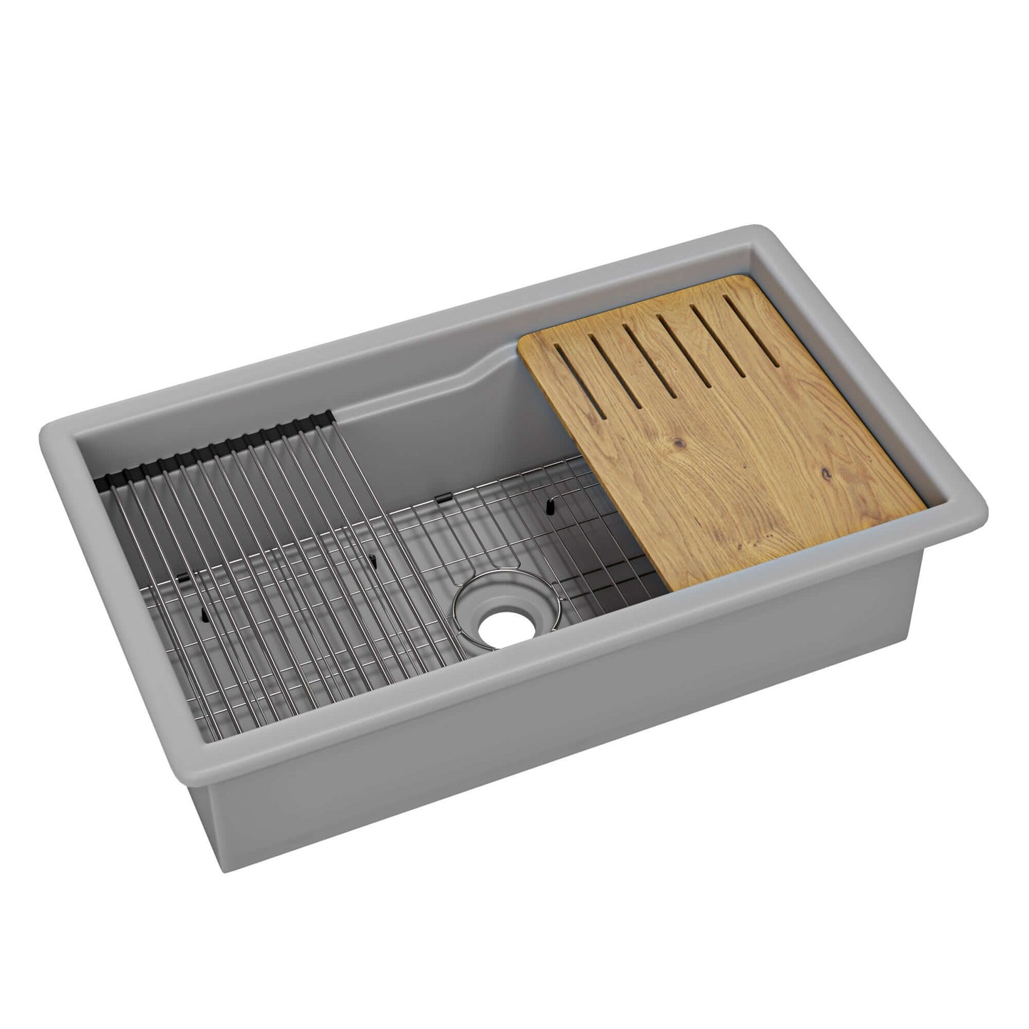 Alfi 32" Dual Mount Fireclay Workstation Kitchen Sink - ABFS3219SUD with bamboo cutting board and stainless steel grid.