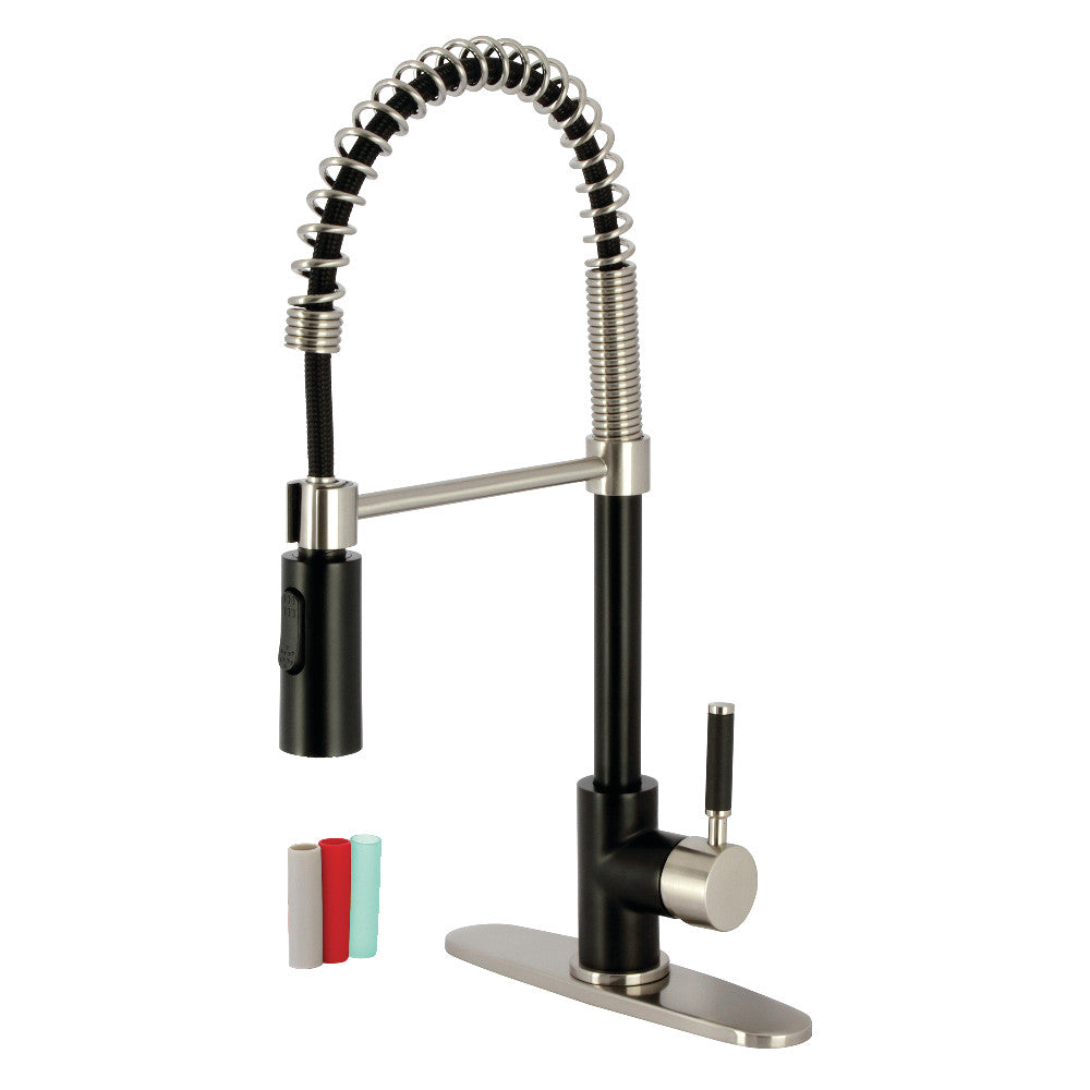 Kingston Brass LS8773DKL Kaiser Pre-Rinse Kitchen Faucet in ergonomic design with black handle and high-arching spout.