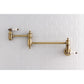 Kingston Brass KS3103PL Restoration Wall Mount Pot Filler Faucet, Antique Brass on a white tiled wall.