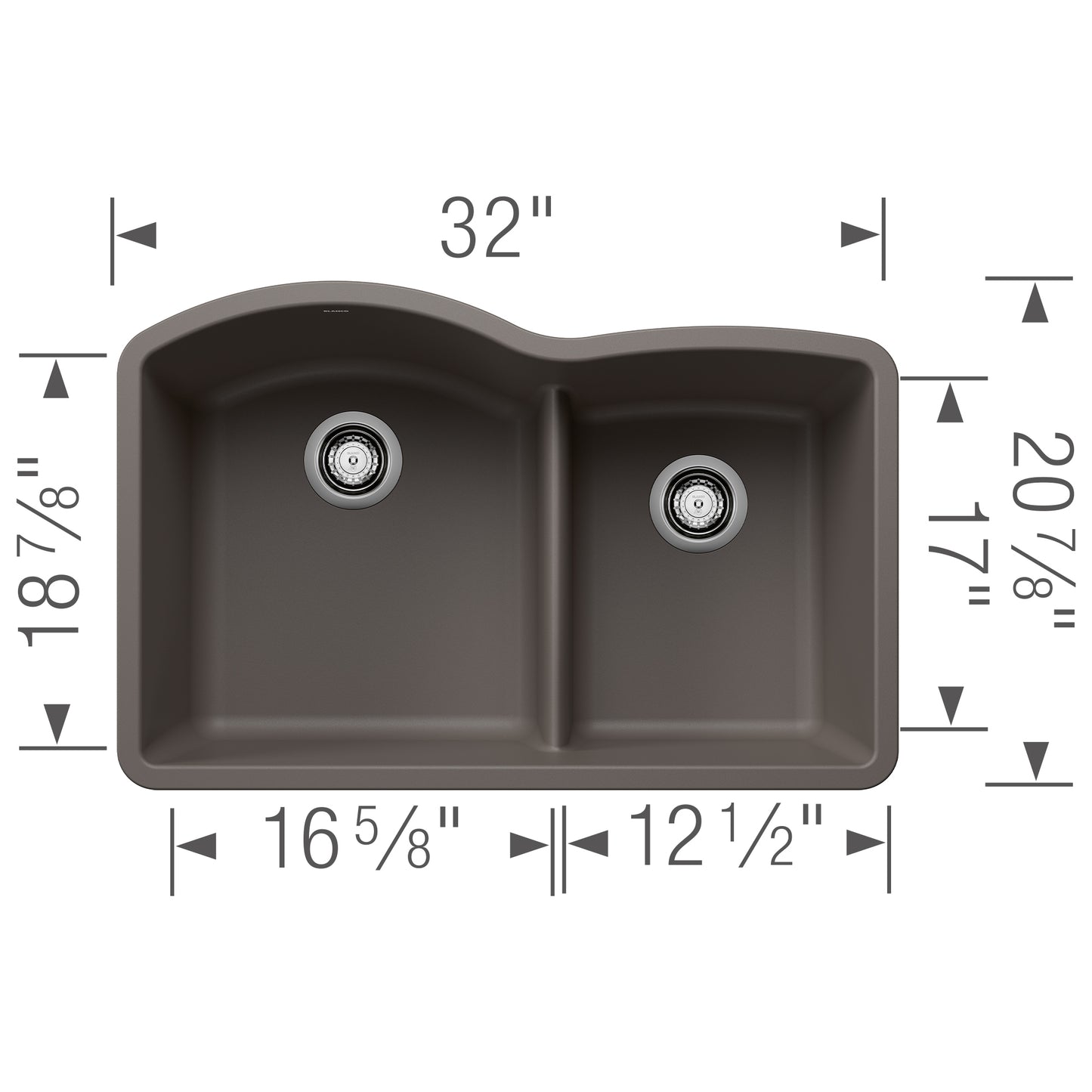 BLANCO Diamond SILGRANIT 32" 60/40 Double Bowl Undermount Kitchen Sink with Low Divide dimensions and design